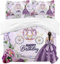 Happy Birthday Duvet Cover Set, Purple Luxury Dress Crown Carriage Flowers Soft Duvet Cover Full Size Bedding Set 4 Pieces, 1 Quiltcover and 2 Pillowcases with Zipper, 1 Bed Sheet for All Seasons