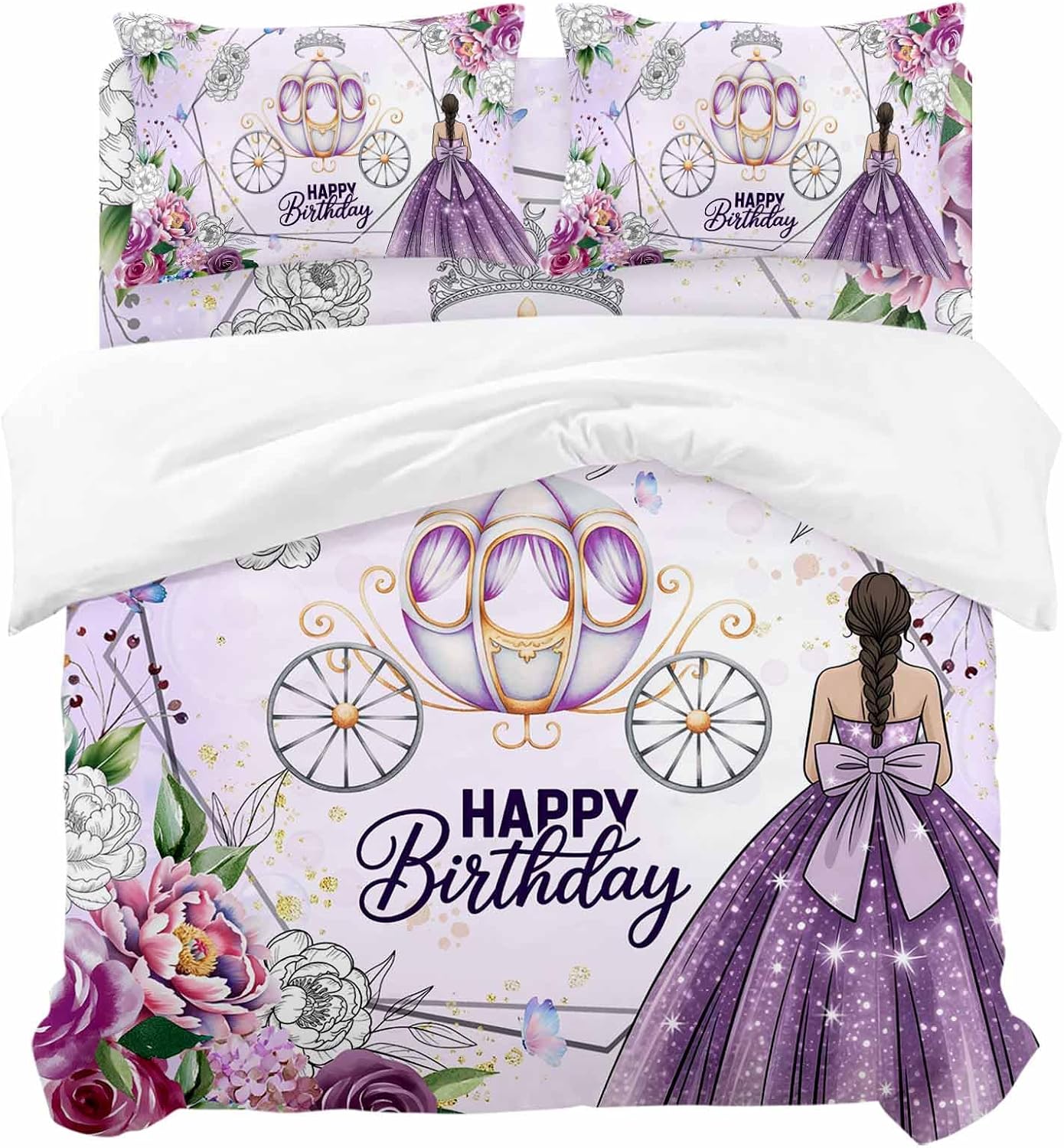 Happy Birthday Duvet Cover Set, Purple Luxury Dress Crown Carriage Flowers Soft Duvet Cover Full Size Bedding Set 4 Pieces, 1 Quiltcover and 2 Pillowcases with Zipper, 1 Bed Sheet for All Seasons