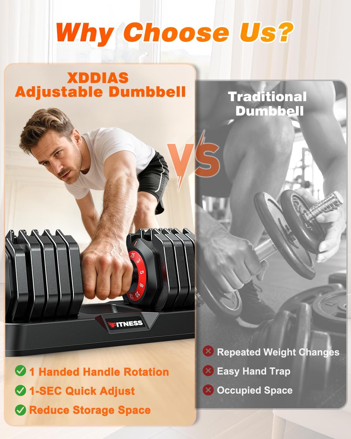 XDDIAS Adjustable Dumbbells Set of 2 for Strength Training, One-Hand Quick Adjust, 25/55/80/90 lbs Options, Anti-Slip Grip Handle, Compact Home Gym Weights for Men Women