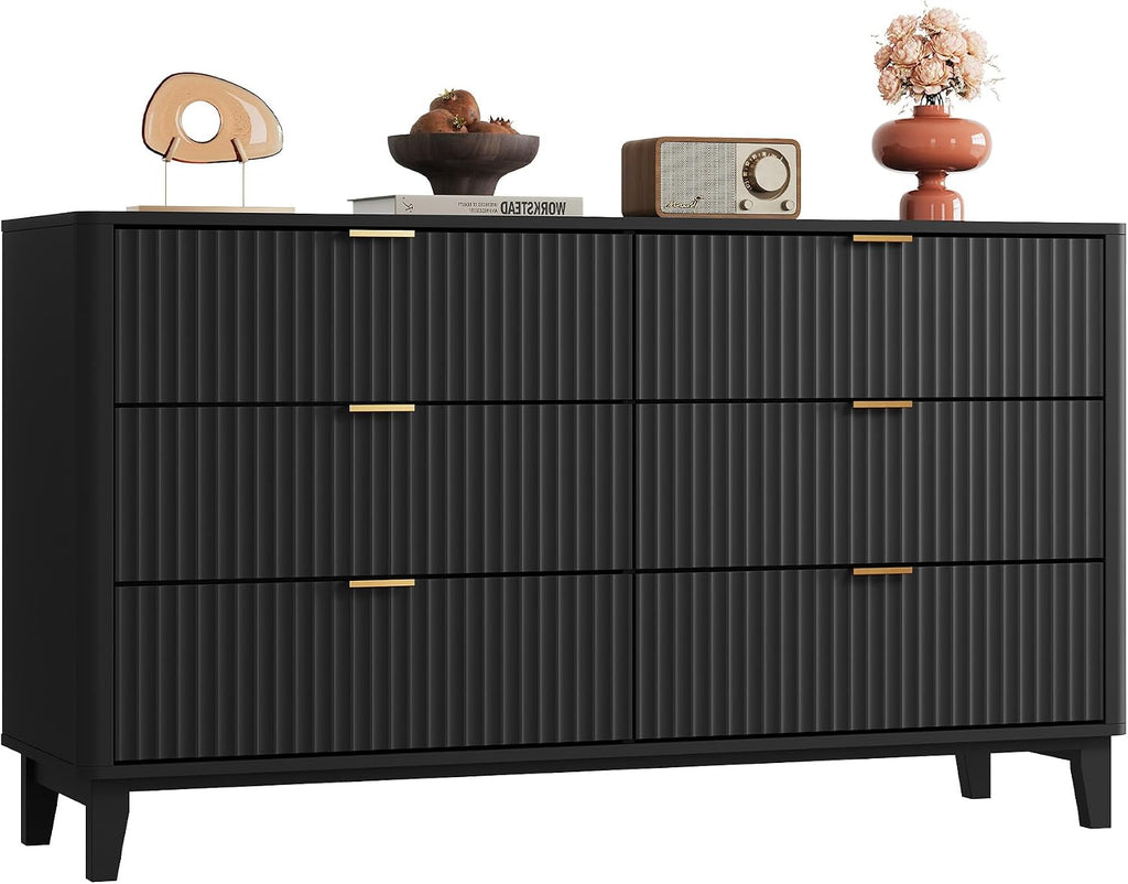WLIVE Fluted Dresser for Bedroom with 6 Drawers, 54' Wide Wood Dresser with Golden Metal Handles, TV Stand for 65 inch TV, Mid Century Modern Chest of Drawers for Living Room, Hallway, Closet, Black