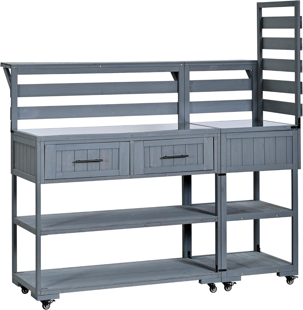 Roomfitters Garden Potting Bench with Wheels, Extra Wide Outdoor Potting Table and BBQ Prep Station, Storage Shelves, Gray