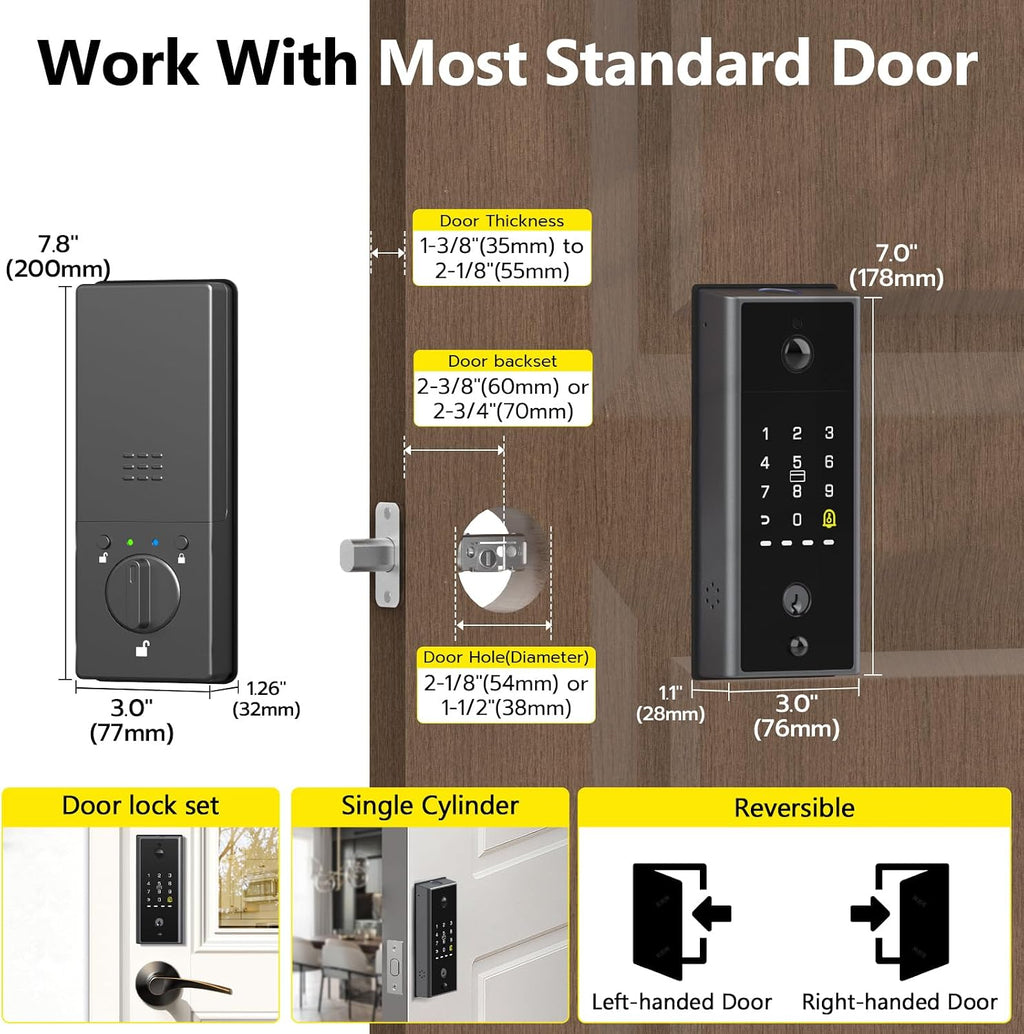 Eseesmart WiFi Video Smart Lock with Camera & Doorbell, Keyless Entry Door Lock with Smart Lock Sensor, 10000mAh Rechargeable Battery, Two-Way Audio, 8 Ways to Unlock, App Remote Control