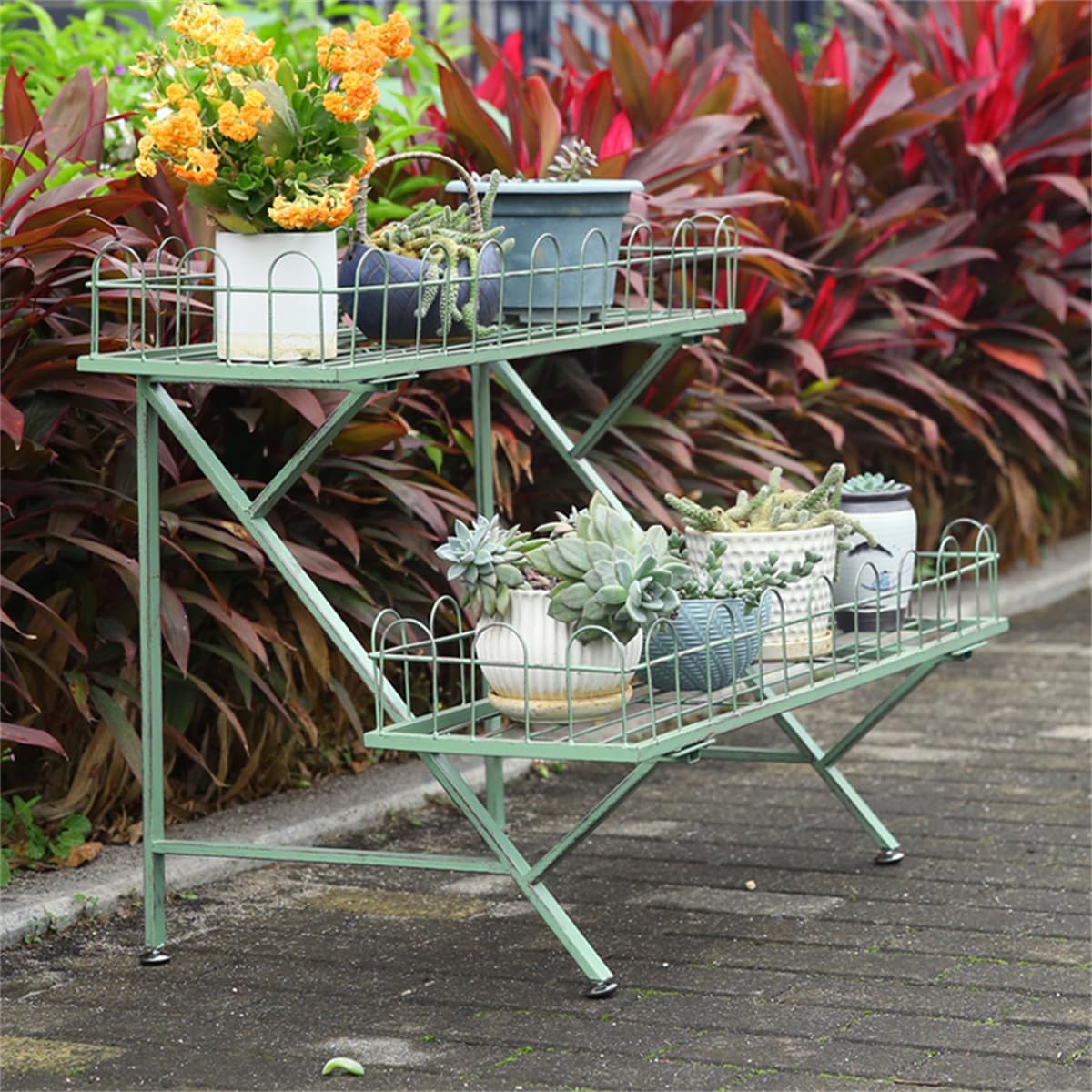 Trapezoidal Floor-Standing Flower Stand, Heavy-Duty Metal Plant Stand,Multi-Layer Storage Rack, Kindergarten Decorative Rack,Garden Potting Benches & Tables,for Courtyard Garden Balcony,Green