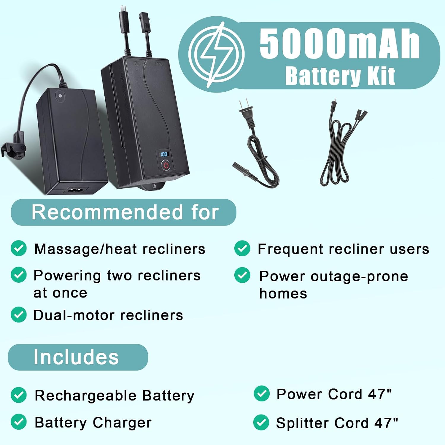 5000mAh Universal Battery Pack for Reclining Furniture, Rechargeable Wireless Power Supply Fits Furniture with 2-Pin Connection, Batteries for Electric Sofas, Couch, Power Recliner Chair