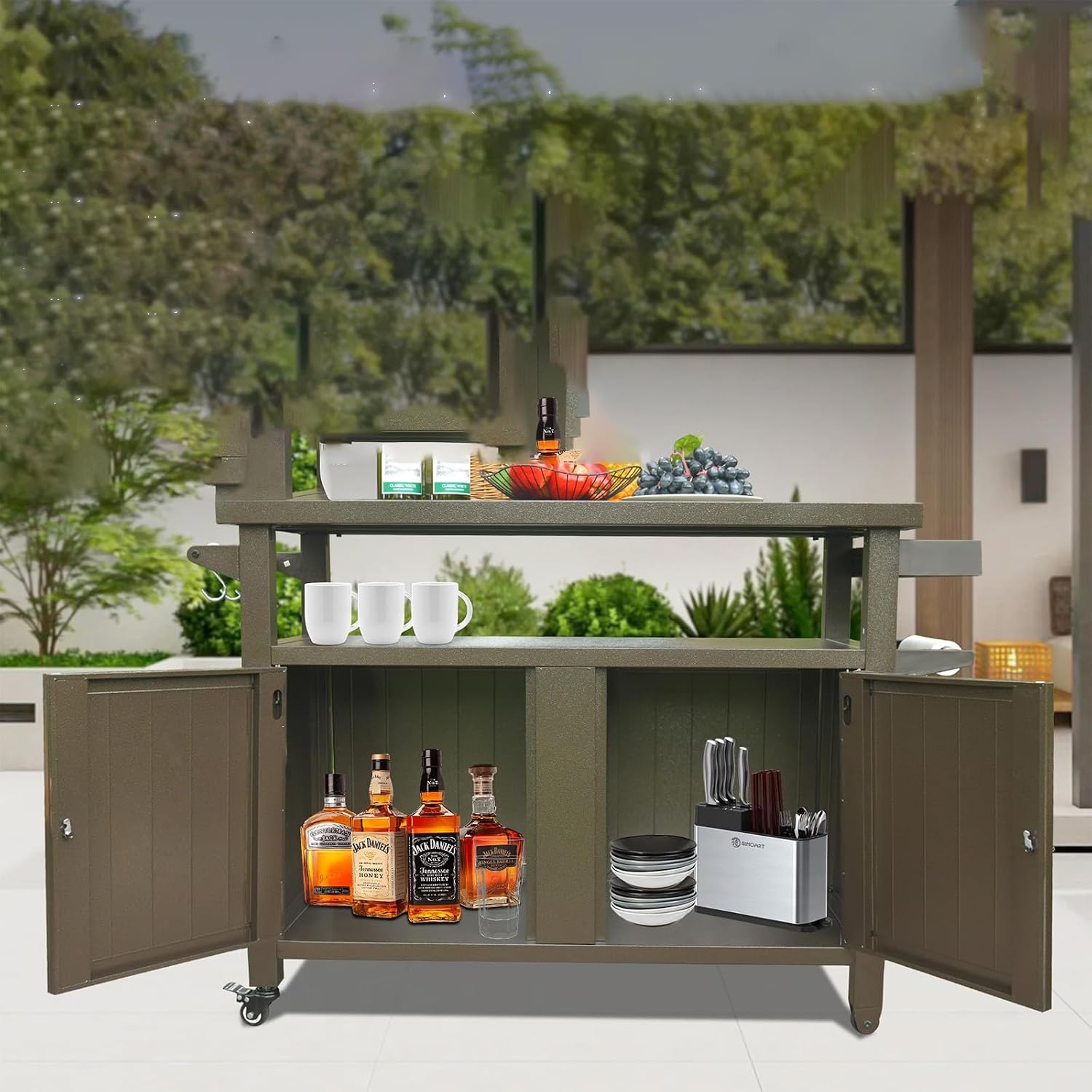 Outdoor Grill Cart with Wheels - BBQ Prep Table with Ample Storage, Perfect for Patio, Kitchen Island & Home Parties, Versatile Use as Dining Cart or Storage Cabinet