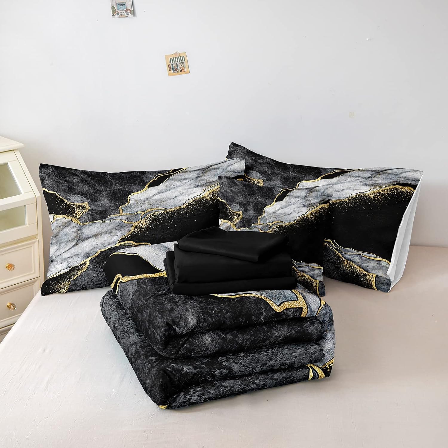 Merryword Black Marble Comforter Set California King 8 Pieces Bed in a Bag Gold Metallic Marble Design Bedding with 1 Comforter, 4 Pillowcase, 1 Flat Sheet, 1 Fitted Sheet, 1 Cushion Cover