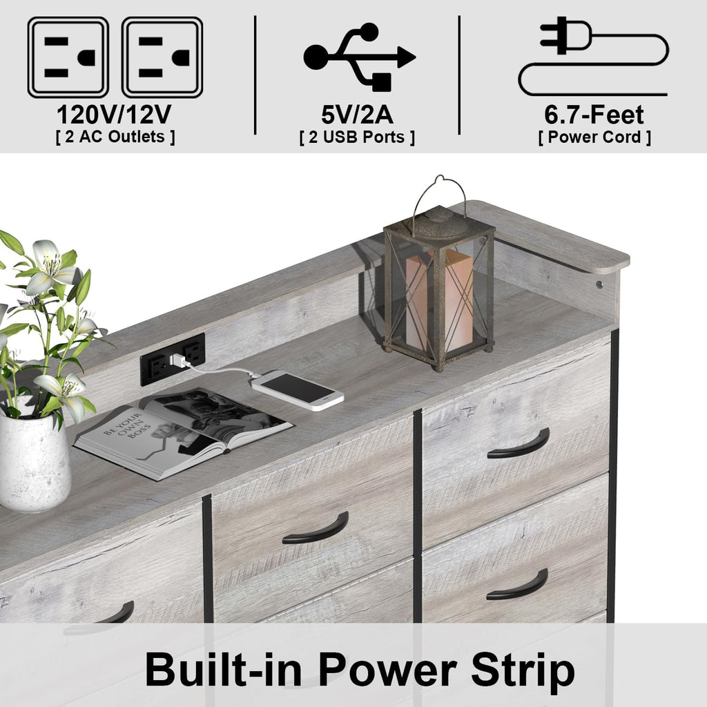 EXOTICA Dresser with Charge Station 9 Drawers Dresser for Bedroom with LED Lights Tall Wide Fabric Dressers & Chests of Drawers for Closet Hallway Entryway Sturdy Steel Frame Wood Top