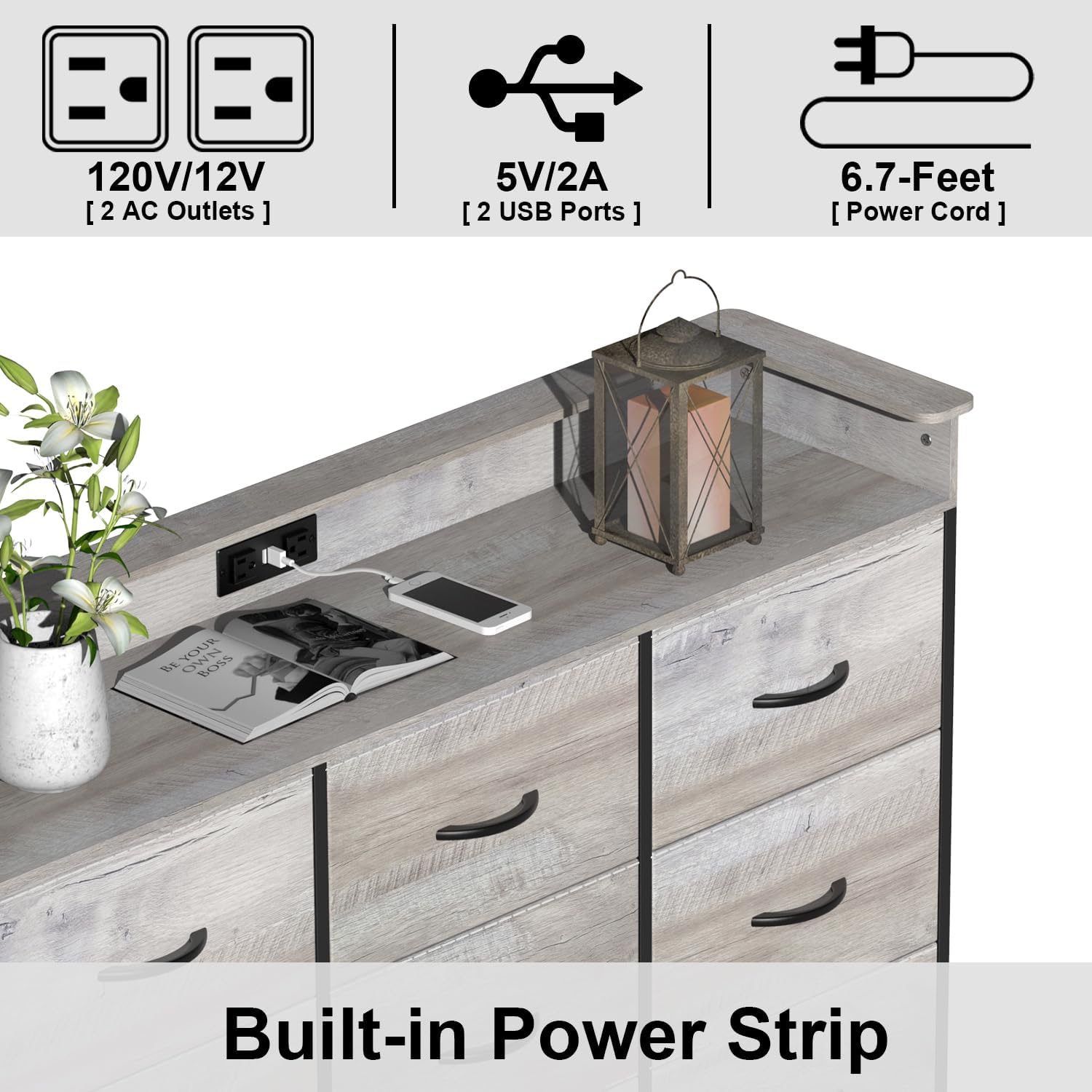 EXOTICA Dresser with Charge Station 9 Drawers Dresser for Bedroom with LED Lights Tall Wide Fabric Dressers & Chests of Drawers for Closet Hallway Entryway Sturdy Steel Frame Wood Top