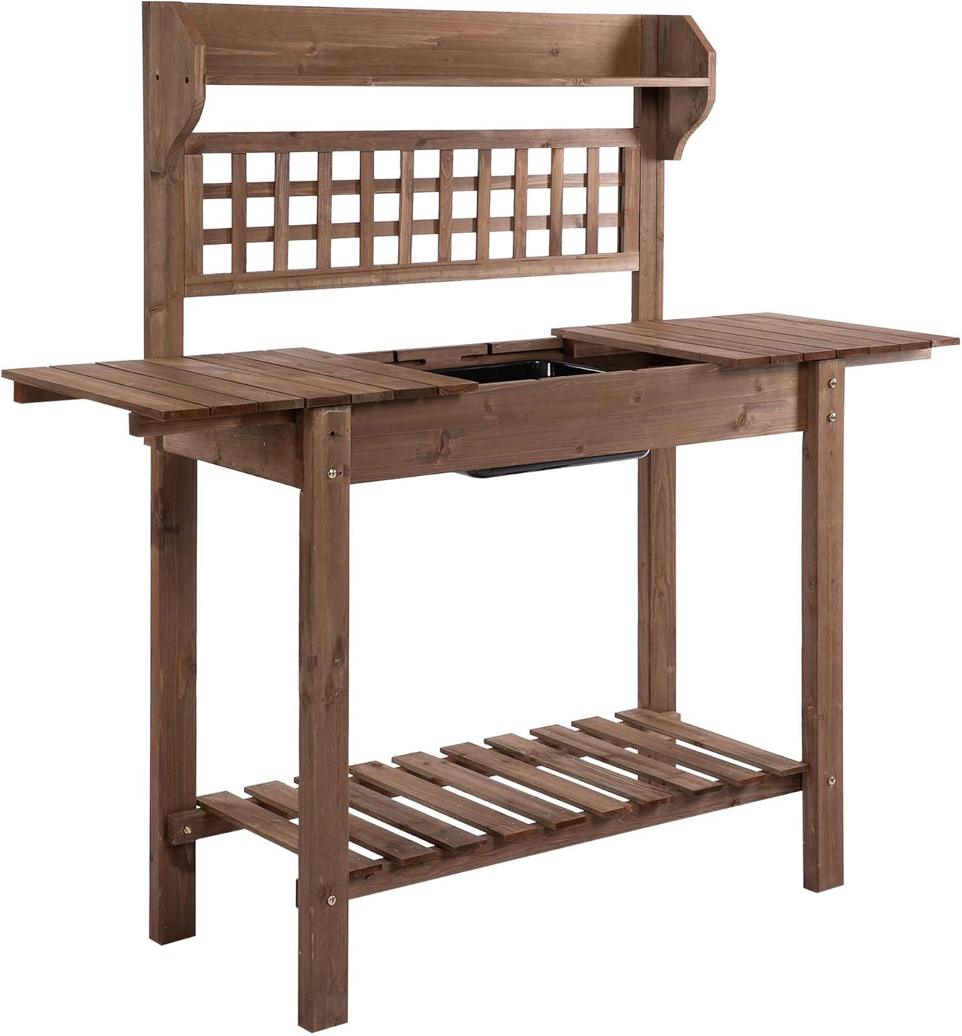 Potting Benches for Outside, Gardening Table & Potting Tables for Outdoors, Planting Table with Sliding Tabletop/Storage Shelf, Outdoor Wood Workstation Table with Dry Sink (Brown)
