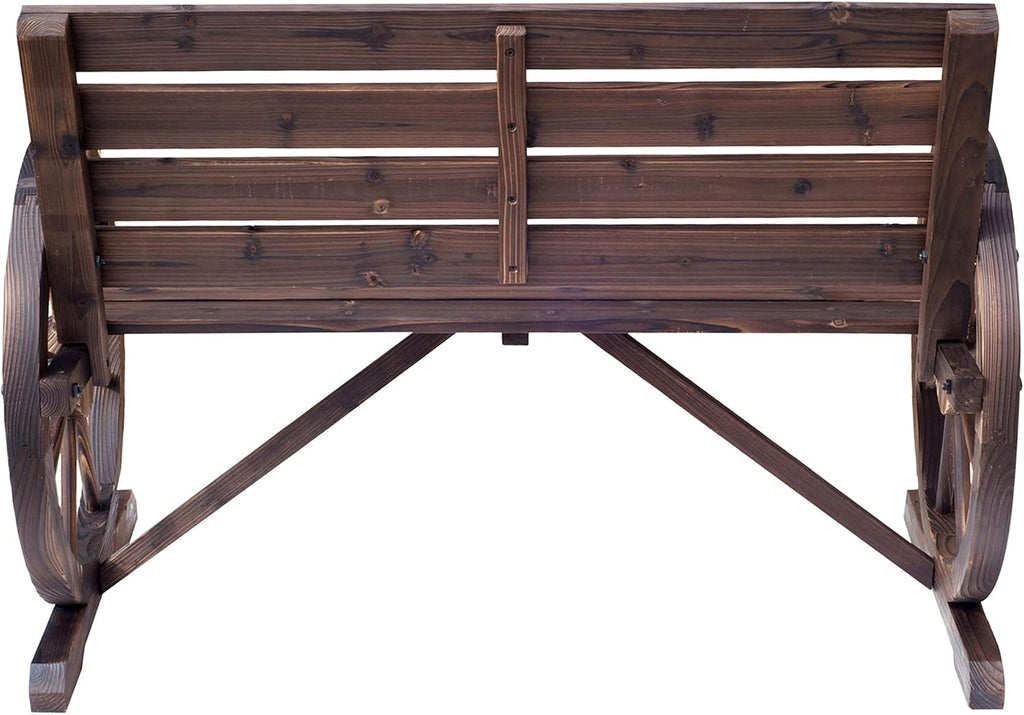 41' 2-Person Brown Wooden Wagon Wheel Bench, Rustic Outdoor Weather Resistance Furniture, Slatted Seat Bench with Backrest, Carbonized, for Backyard, Poolside, Lawn