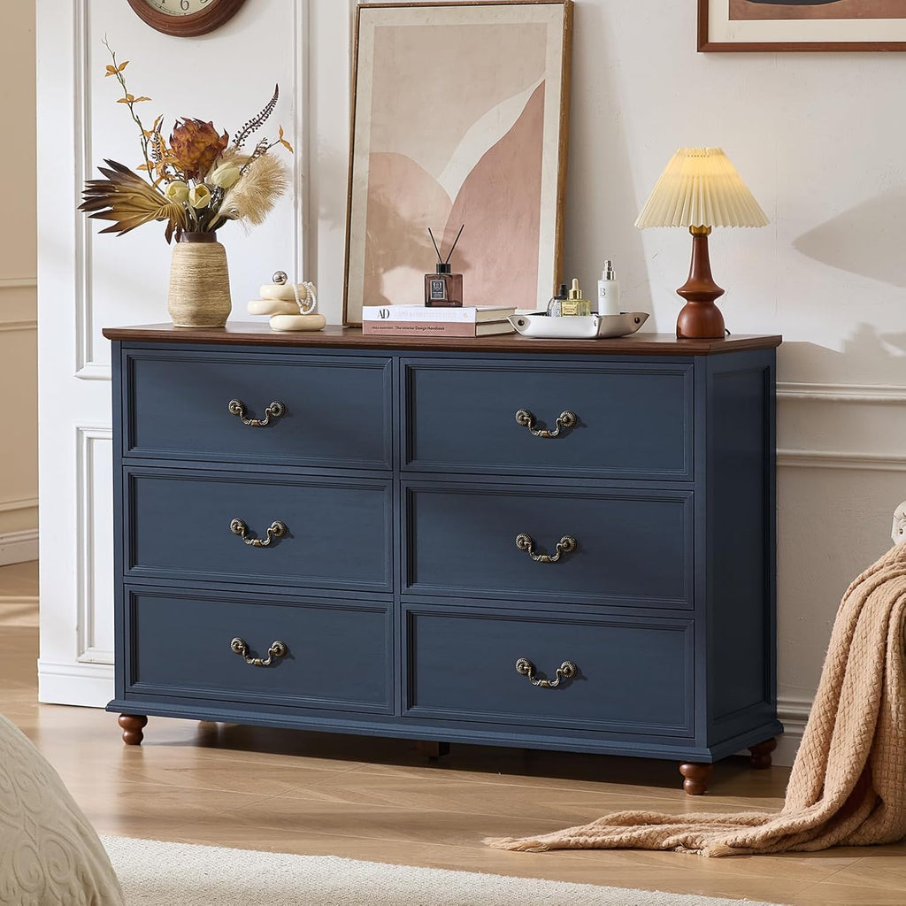 Joaxswe Farmhouse 6 Drawers Dresser for Bedroom, Vintage 54' Wide Chest of Drawers w/ 4 Wooden Legs, Rustic Large Closet Storage Dressers Organizer for Hallway, Wood TV Stand for Living Room, Blue