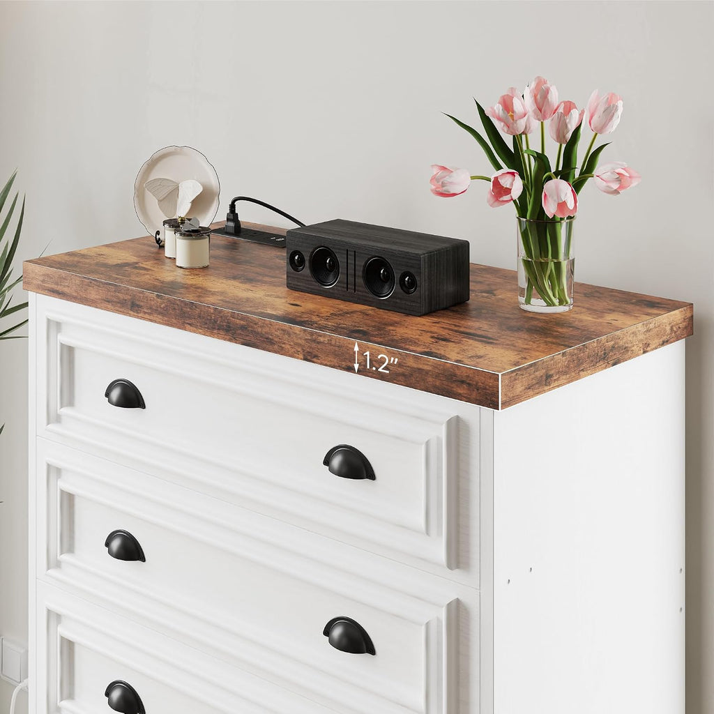 LIKIMIO 5-Drawer 43' Tall Dresser with Built-in Charging Station - Farmhouse Style Bedroom Storage Cabinet, Brown & White