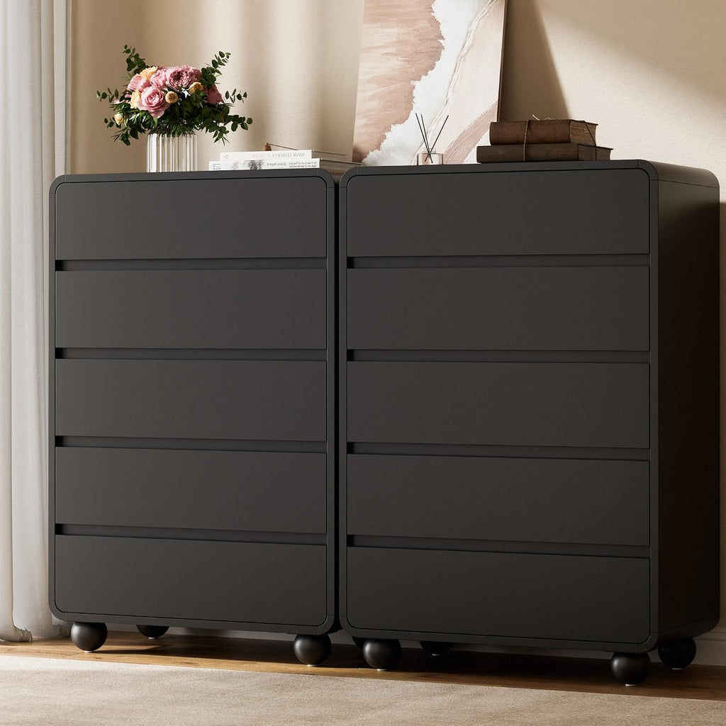 Lulive Wood Dresser for Bedroom, 41' Tall Chest of Drawers with 5 Drawers, Modern Closet Storage Drawer with Curved Profile Design for Living Room, Hallway, Entryway, Black