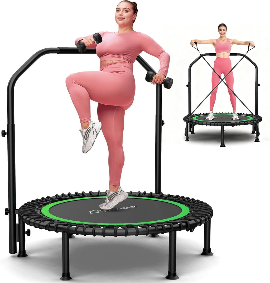 ANCHEER 40'/48' Foldable Mini Trampoline,Max Load 450lbs/550lbs Indoor Trampoline,with 4 Level Adjustable Foam Handle and Resistance Bands,Adult Exercise Trampoline for Home, Garden, and Gym
