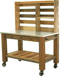 Potting Bench with Hardware Hooks & Towel Bar - Buffet Table Island Workbench Outdoor Patio Garden Furniture Wood Rolling Cart & Zinc Table-Top w/Black Iron Castors & Brakes (5in Black Caster)