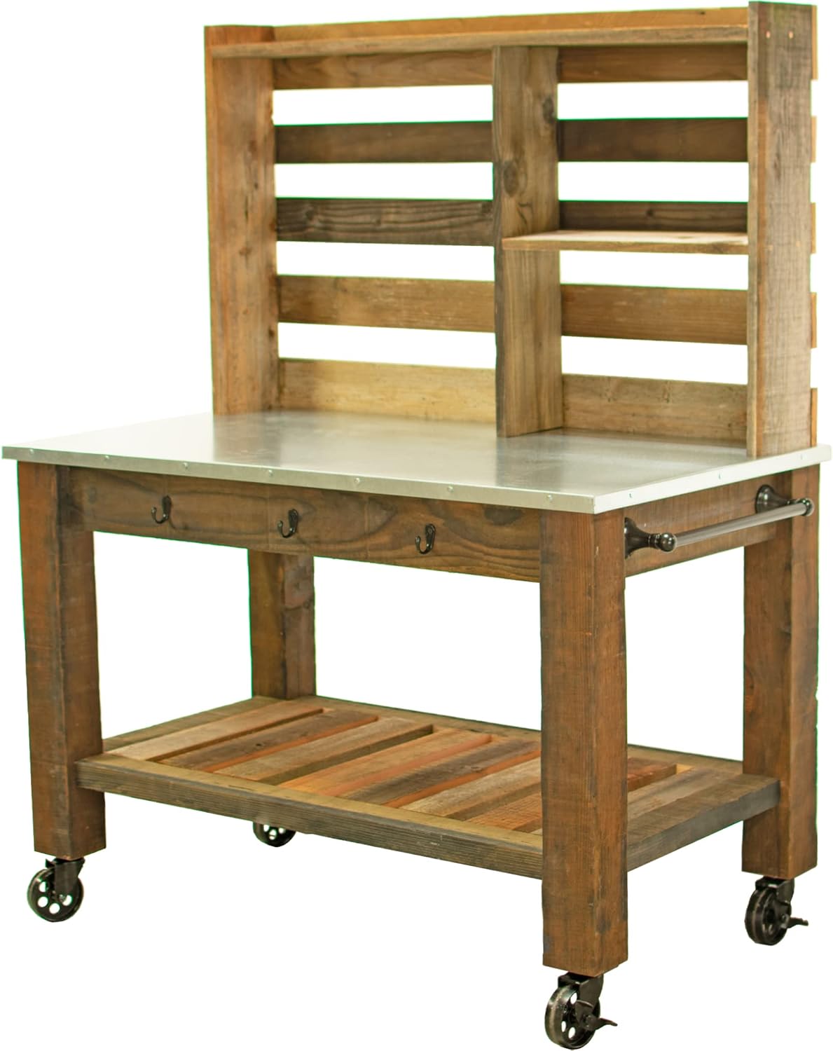 Potting Bench with Hardware Hooks & Towel Bar - Buffet Table Island Workbench Outdoor Patio Garden Furniture Wood Rolling Cart & Zinc Table-Top w/Black Iron Castors & Brakes (5in Black Caster)