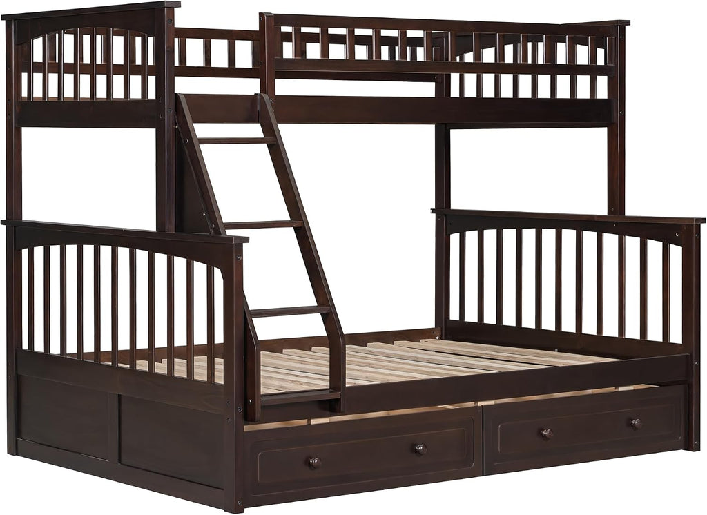Harper & Bright Designs Convertible Wood Twin Over Full Bunk Bed with 2 Storage Drawers and Ladder - Can Be Divided Into Two Daybeds, Espresso