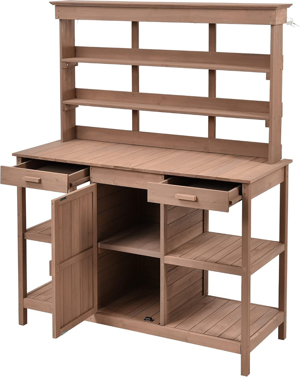 Potting Bench Table Outdoor Garden Work Bench Wood Potting Table W/Cabinet Drawer Open Shelf Workstation, Brown