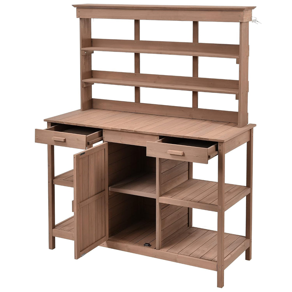 66-Inch Outdoor Potting Bench with 2 Drawers, Cabinets, and Open Shelves, Anti-Falling Safety Device, Wooden Garden Potting Table for Backyard, Patio Brown As Shown One Size