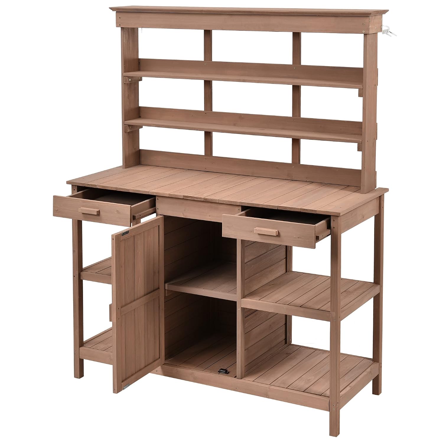 66-Inch Outdoor Potting Bench with 2 Drawers, Cabinets, and Open Shelves, Anti-Falling Safety Device, Wooden Garden Potting Table for Backyard, Patio Brown As Shown One Size