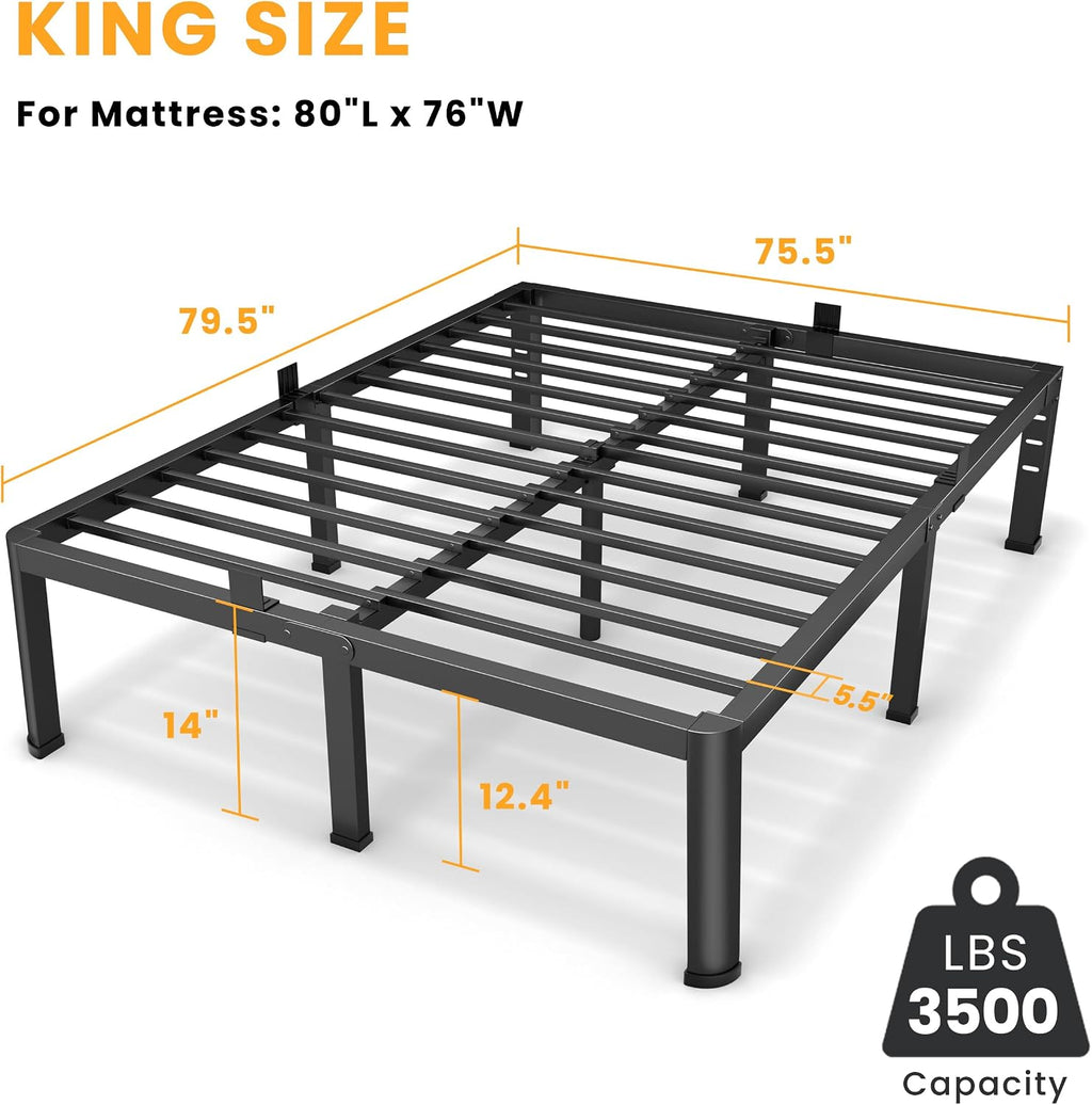 14 Inch King Bed Frame, Metal Platform Bed Frame with Round Corner Legs, 3500 lbs Heavy Duty Steel Slats Support, No Box Spring Needed, Noise Free, Easy Assembly, Black