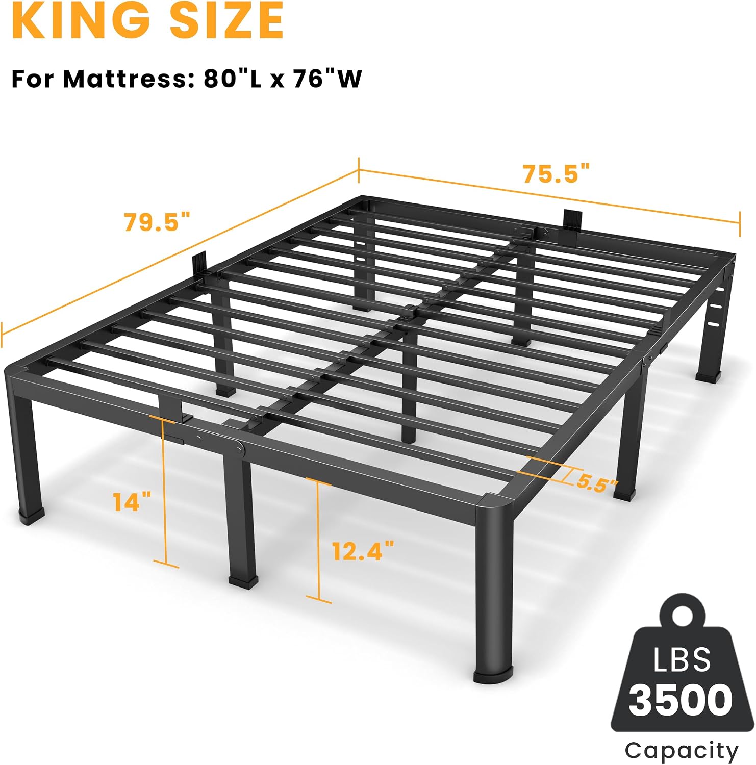 14 Inch King Bed Frame, Metal Platform Bed Frame with Round Corner Legs, 3500 lbs Heavy Duty Steel Slats Support, No Box Spring Needed, Noise Free, Easy Assembly, Black