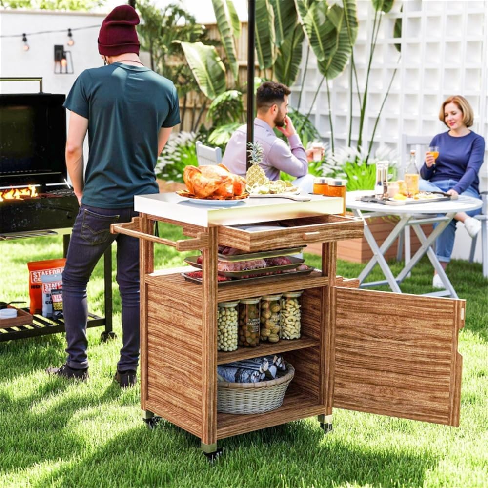Outdoor Grill Cart with Storage Cabinet, Lockable Wheels & Spice Rack - Stainless Steel BBQ Prep Table for Pizza Oven, Serving Cart, Potting Table (Brown, 33.3' W)