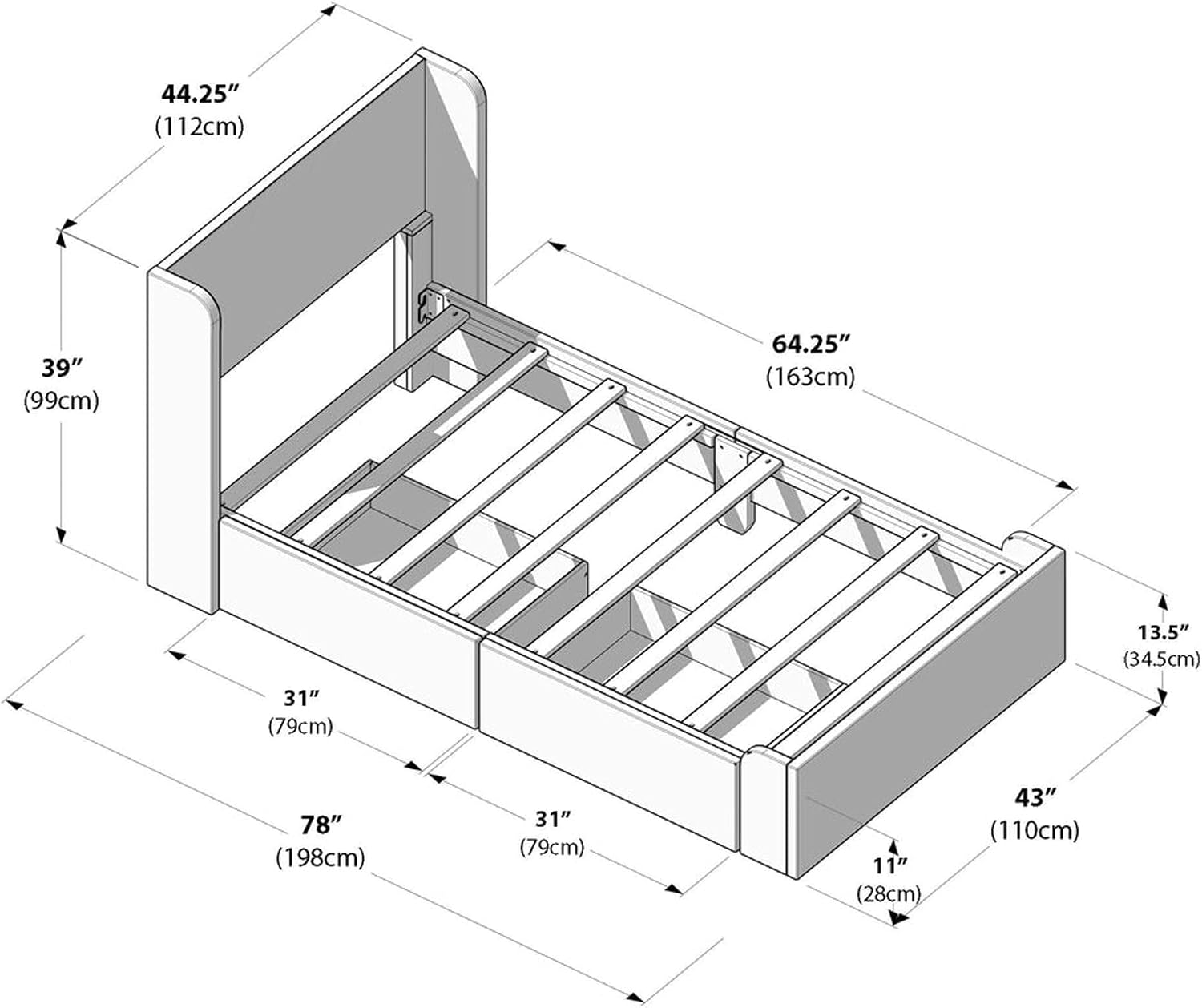 Plank+Beam Upholstered Twin Bed Frame with Rectangular Headboard and Two Storage Drawers, Upholstered Platform Bed, No Box Spring Needed, Easy Assembly, Green