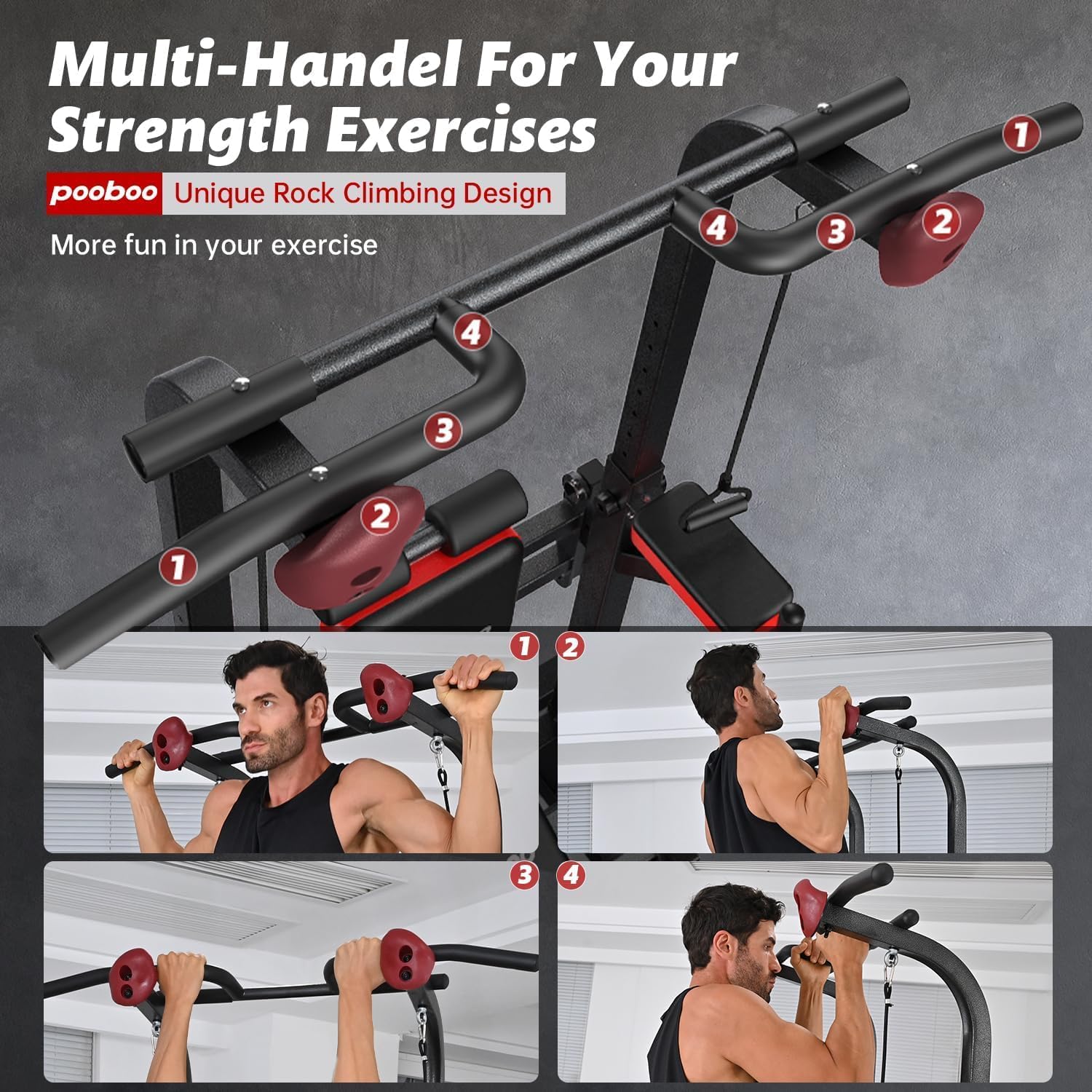 Pooboo Power Tower Dip Station Pull Up Bar for Fitness Home Gym Workout,450 Pounds Multi-Function Adjustable Height Fitness Strength Training Exercise Equipment,with Power Elastic Ropes