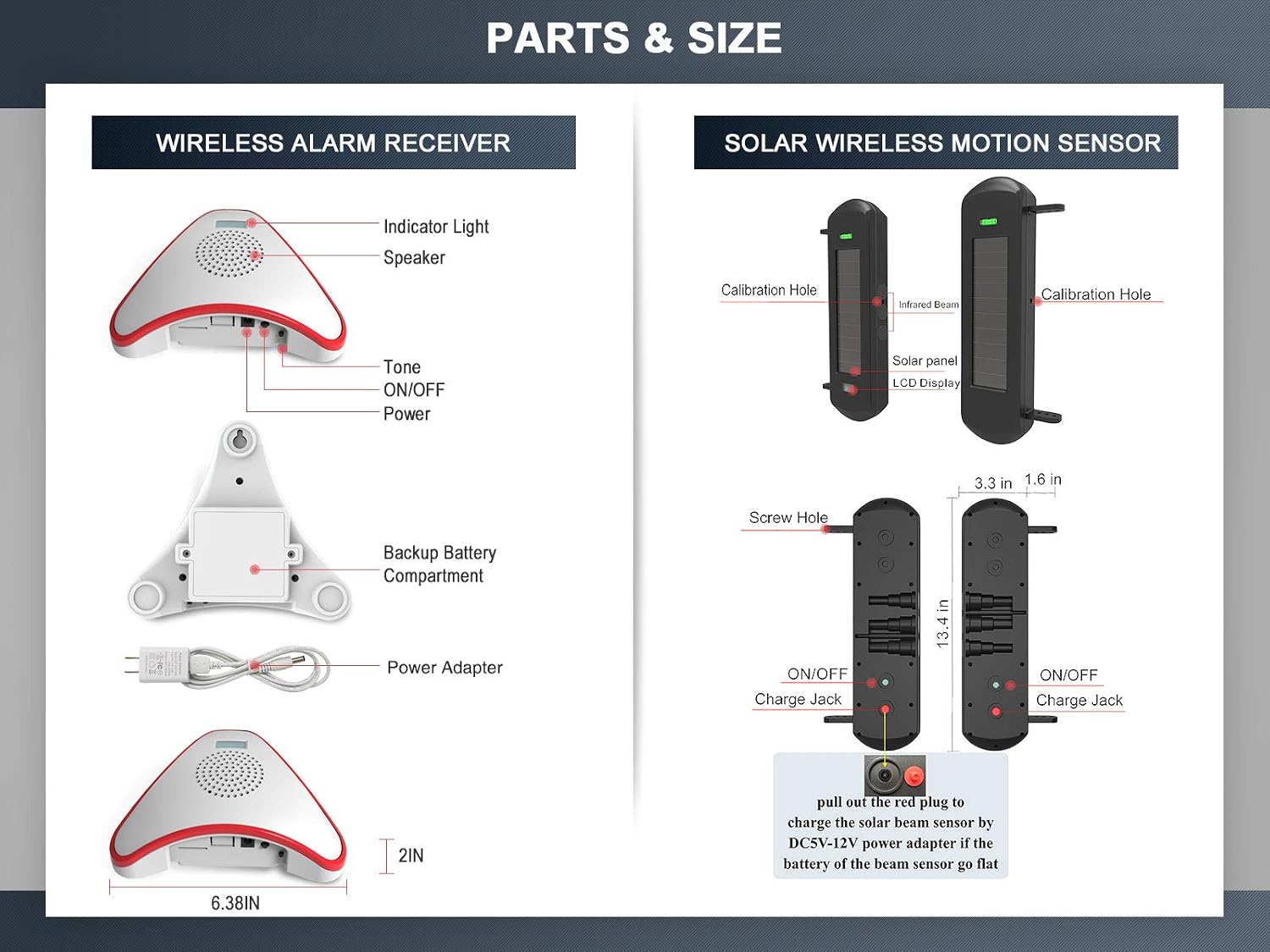 HTZSAFE Solar Wireless Driveway Alarm System-300 Feet Wide Sensor Range | 1/2 Mile Long Transmission Range-No Wiring No Need Replace Battery- Outdoor Weatherproof DIY Security Perimeter Alert System