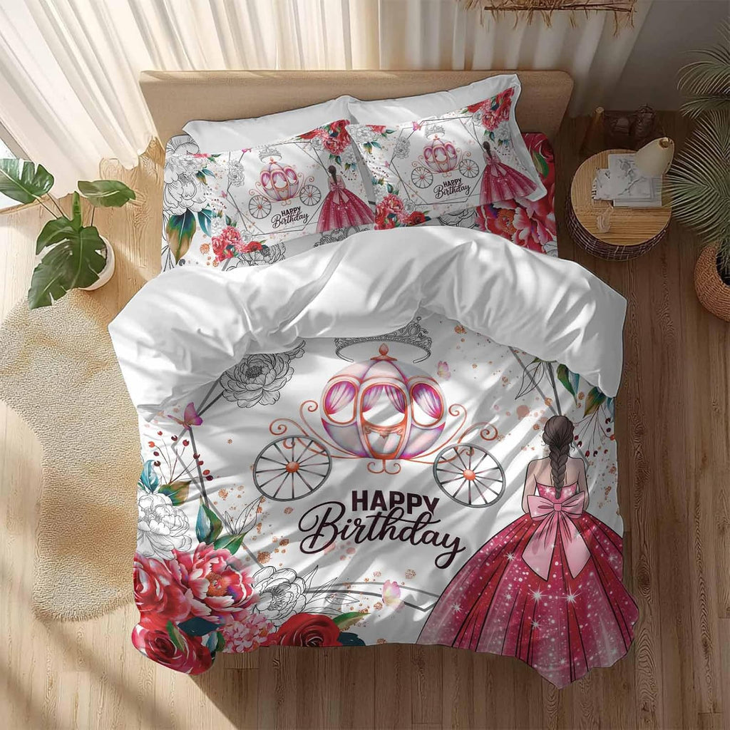 Happy Birthday Duvet Cover Set, Red Dress Crown Carriage Flowers Butterfly Soft Duvet Cover Twin Size Bedding Set 4 Pieces, 1 Quiltcover and 2 Pillowcases with Zipper, 1 Bed Sheet for All Seasons