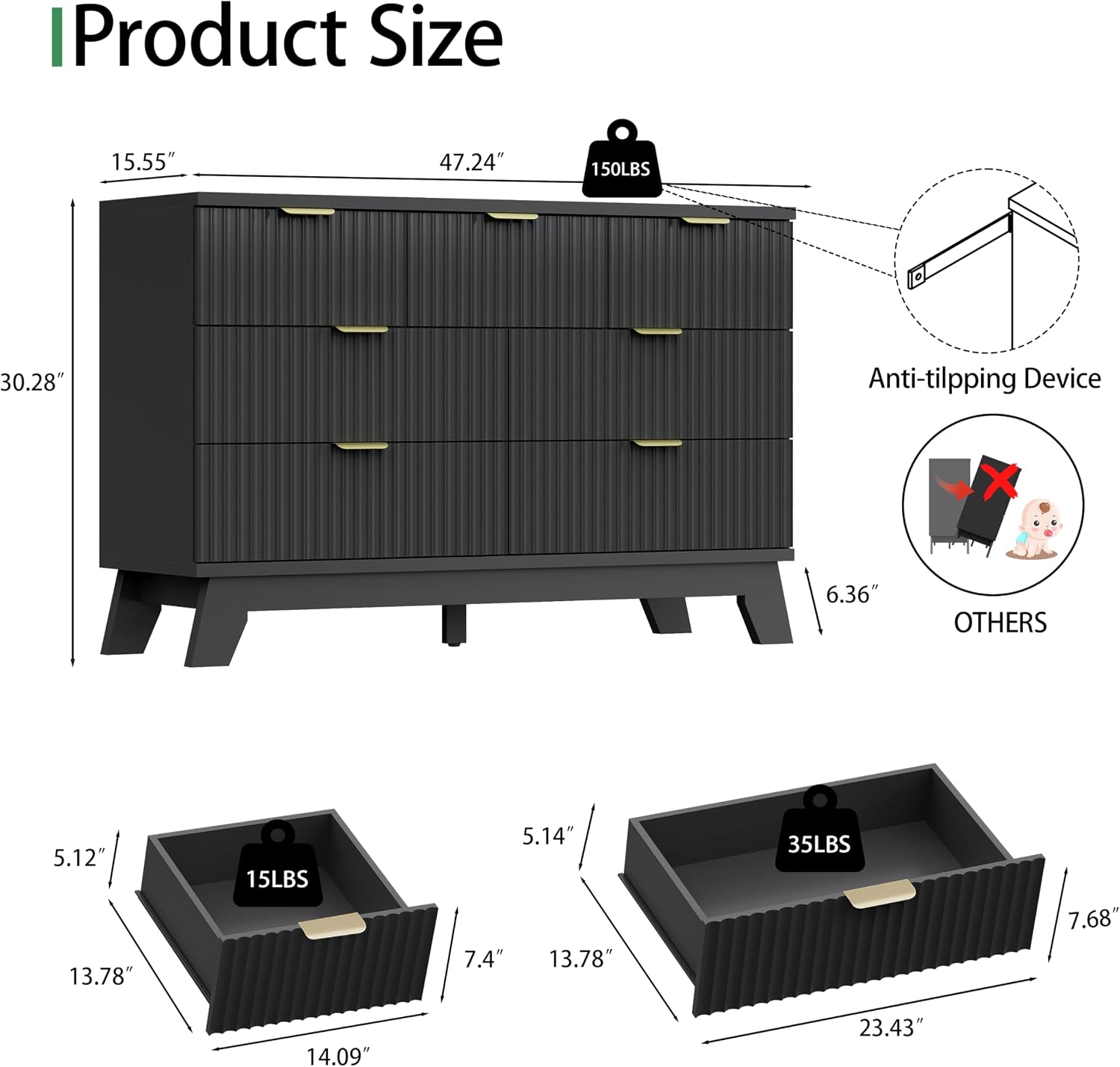 Xixini Fluted Dresser for Bedroom with 7 Drawers, 48' Wide Chest of Drawers with Metal Handle, Modern Wood Dresser TV Stand, Wooden Closet Clothes Storage Organizer for Living Room, Hallway, Black