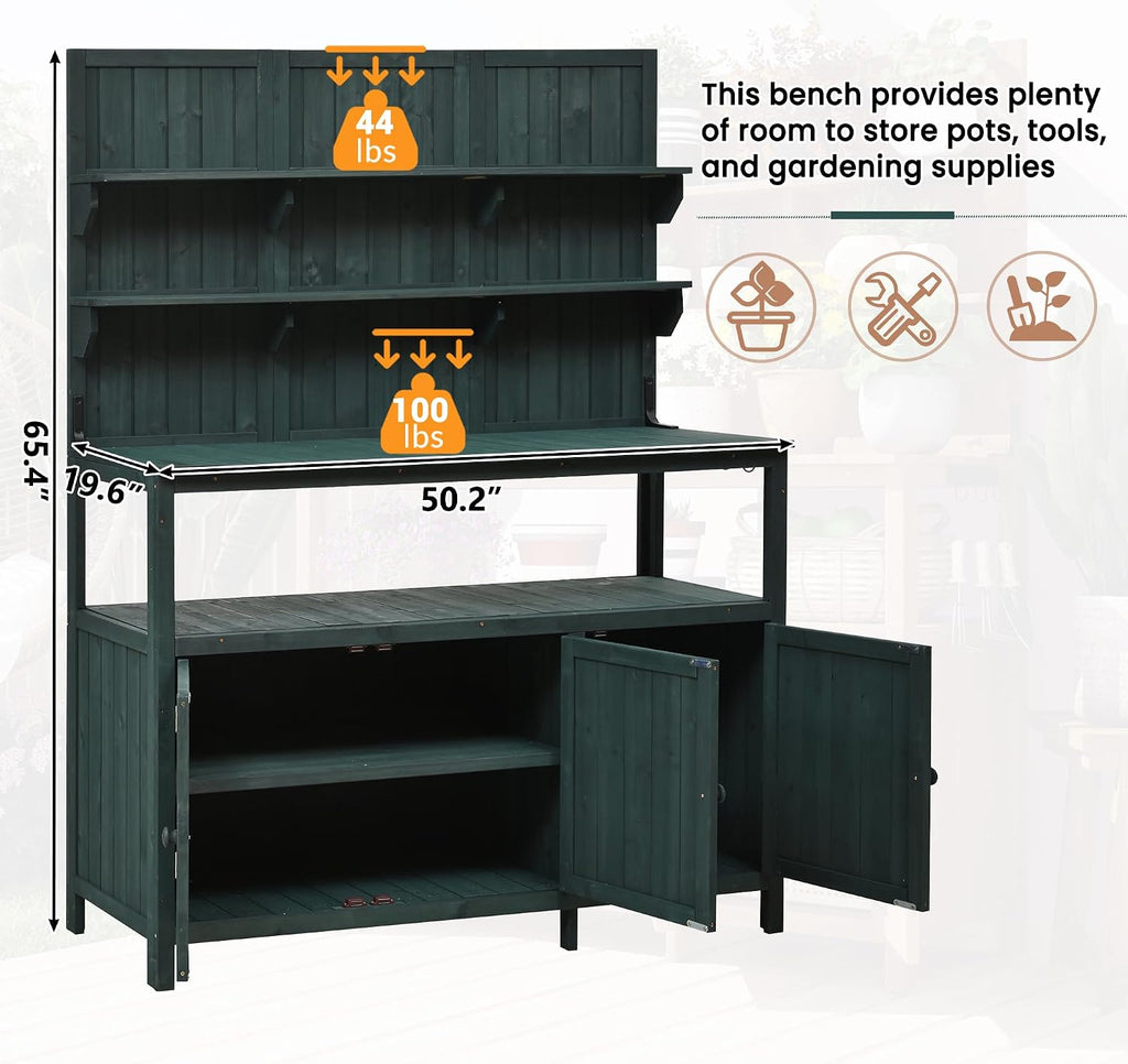 Potting Bench with Hutch, 50.2' Solid Fir Wood Garden Workstation with Large Countertop, 2 Shelves, 2 Cabinets and 3 Side Hooks, Outdoor Planting Table for Gardening, Green