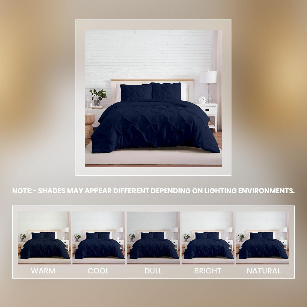Kotton Culture 3 Pc California King Size Pinch Pleated - Pintuck Duvet Cover Set - 100% Egyptian Cotton - 1000 TC Luxury Comforter Cover - Zipper Closure & 7 Internal Ties (Navy Blue,104'x 98')