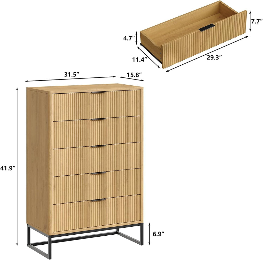 Furniouse Fluted 5 Drawers Dresser,Storage Drawers,Modern Closet Dressers Chest of Drawers, Wood Storage Dresser Organizer for Bedroom