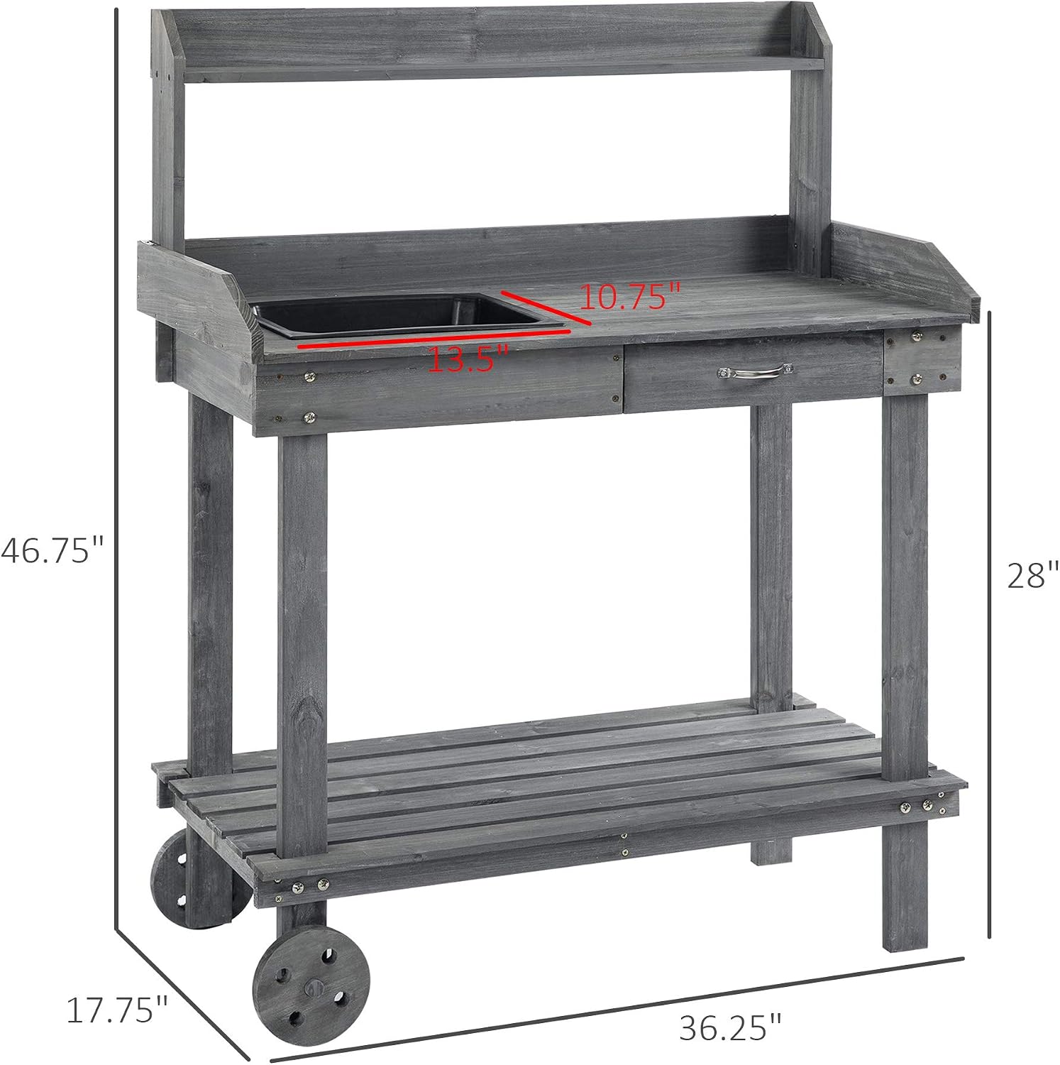 36'' Wooden Potting Bench Work Table with 2 Removable Wheels, Sink, Drawer Large Storage Spaces, Gray
