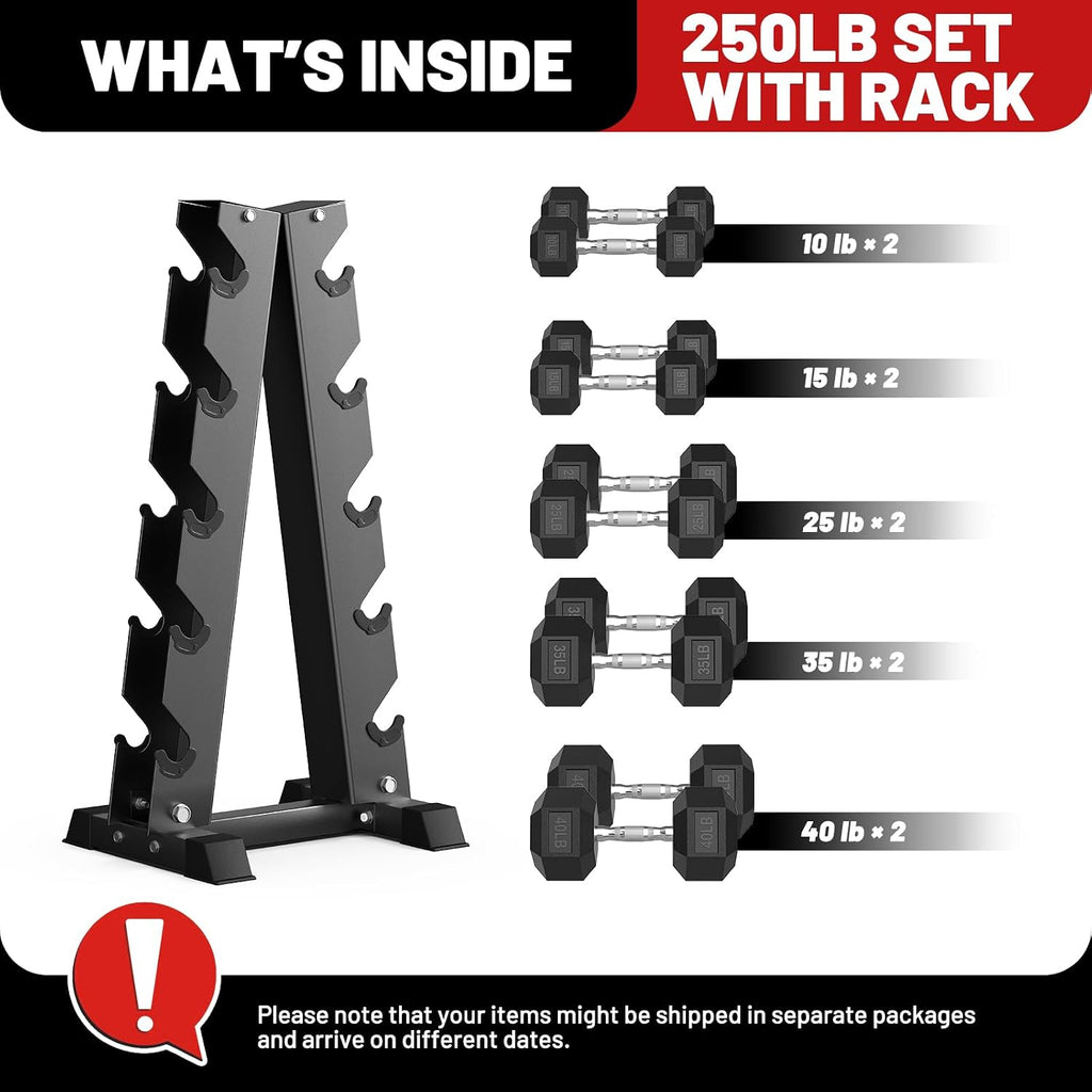 PAPABABE Hex Dumbbell Sets with Rack, 100-600lb Rubber Coated Dumbbell Weight Set and Storage Rack, Multiple Options Hand Weights for Strength Training