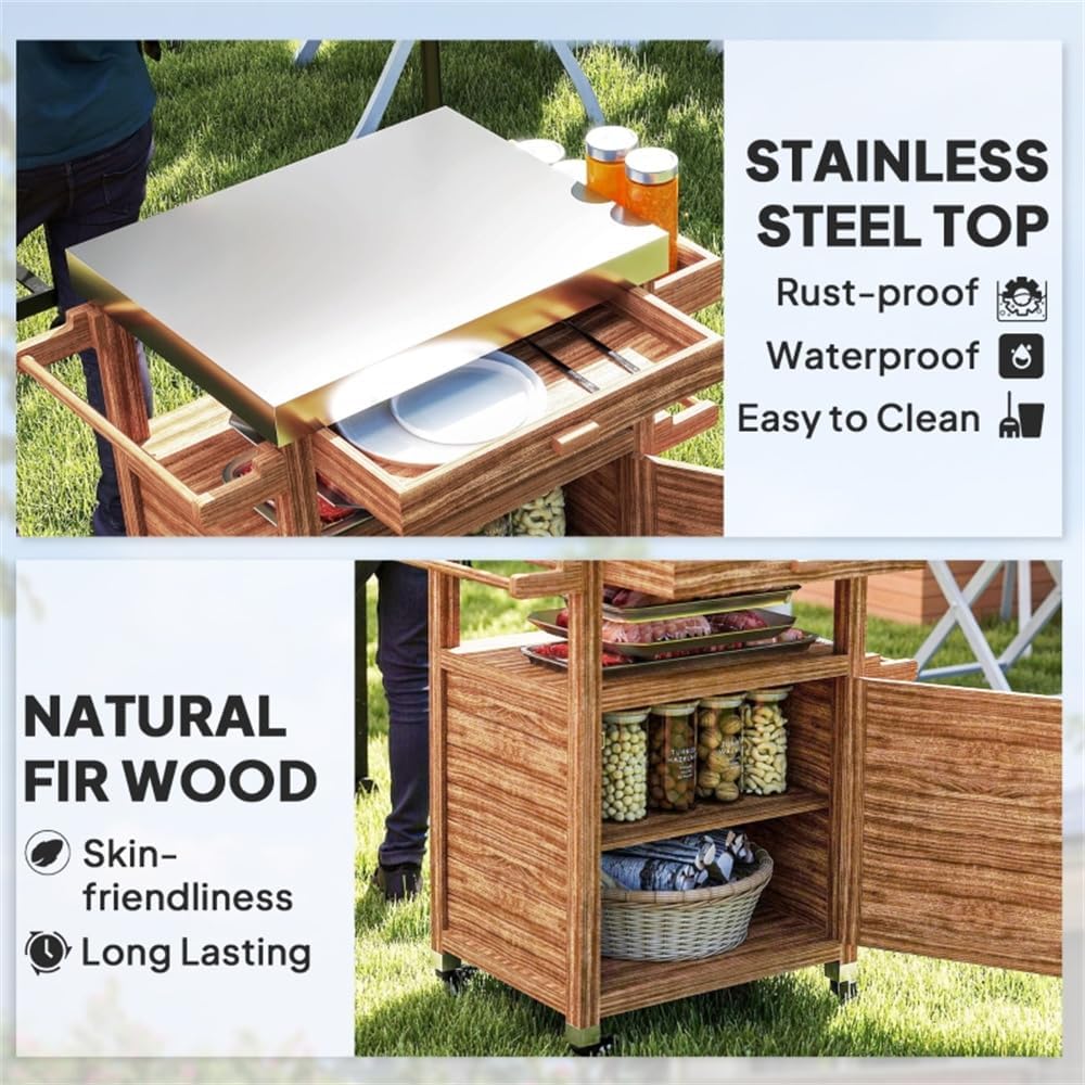 Outdoor Grill Cart with Storage Cabinet, Lockable Wheels & Spice Rack - Stainless Steel BBQ Prep Table for Pizza Oven, Serving Cart, Potting Table (Brown, 33.3' W)