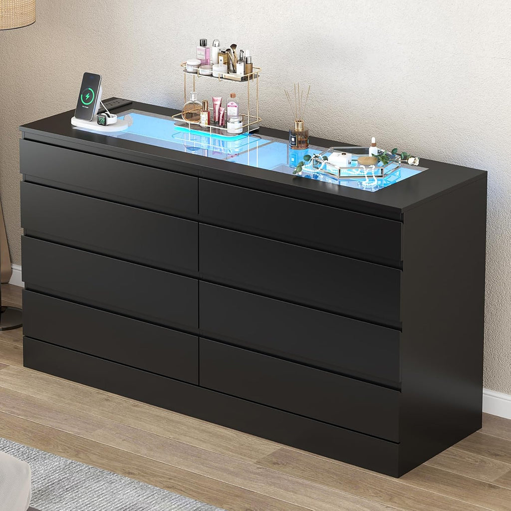 Gyfimoie 8 Drawer Dresser with Power Outlet, White Dresser for Bedroom Chest of Drawer with Glass Top & LED Light, Modern Double Wide Drawer Organizer Cabinet for Living Room (Black)