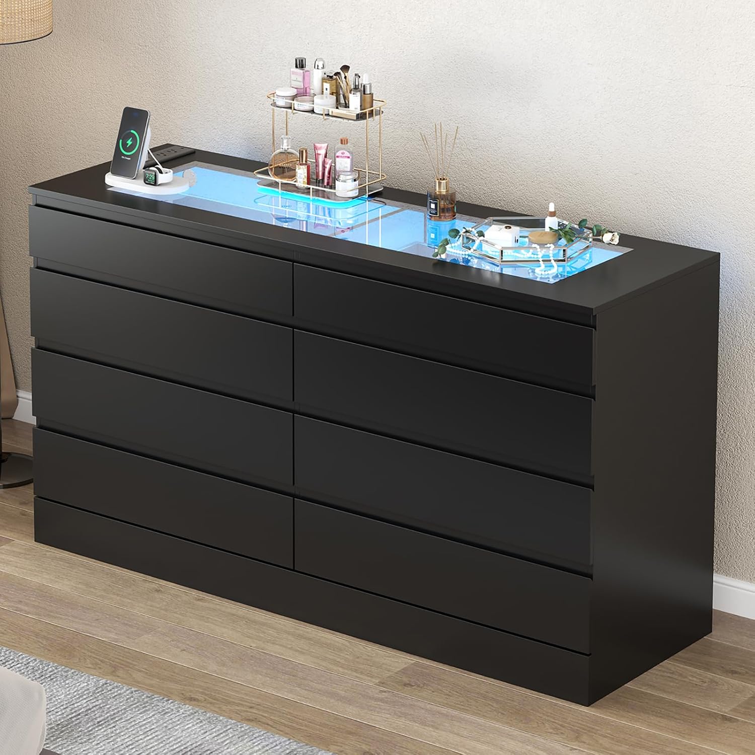 Gyfimoie 8 Drawer Dresser with Power Outlet, White Dresser for Bedroom Chest of Drawer with Glass Top & LED Light, Modern Double Wide Drawer Organizer Cabinet for Living Room (Black)