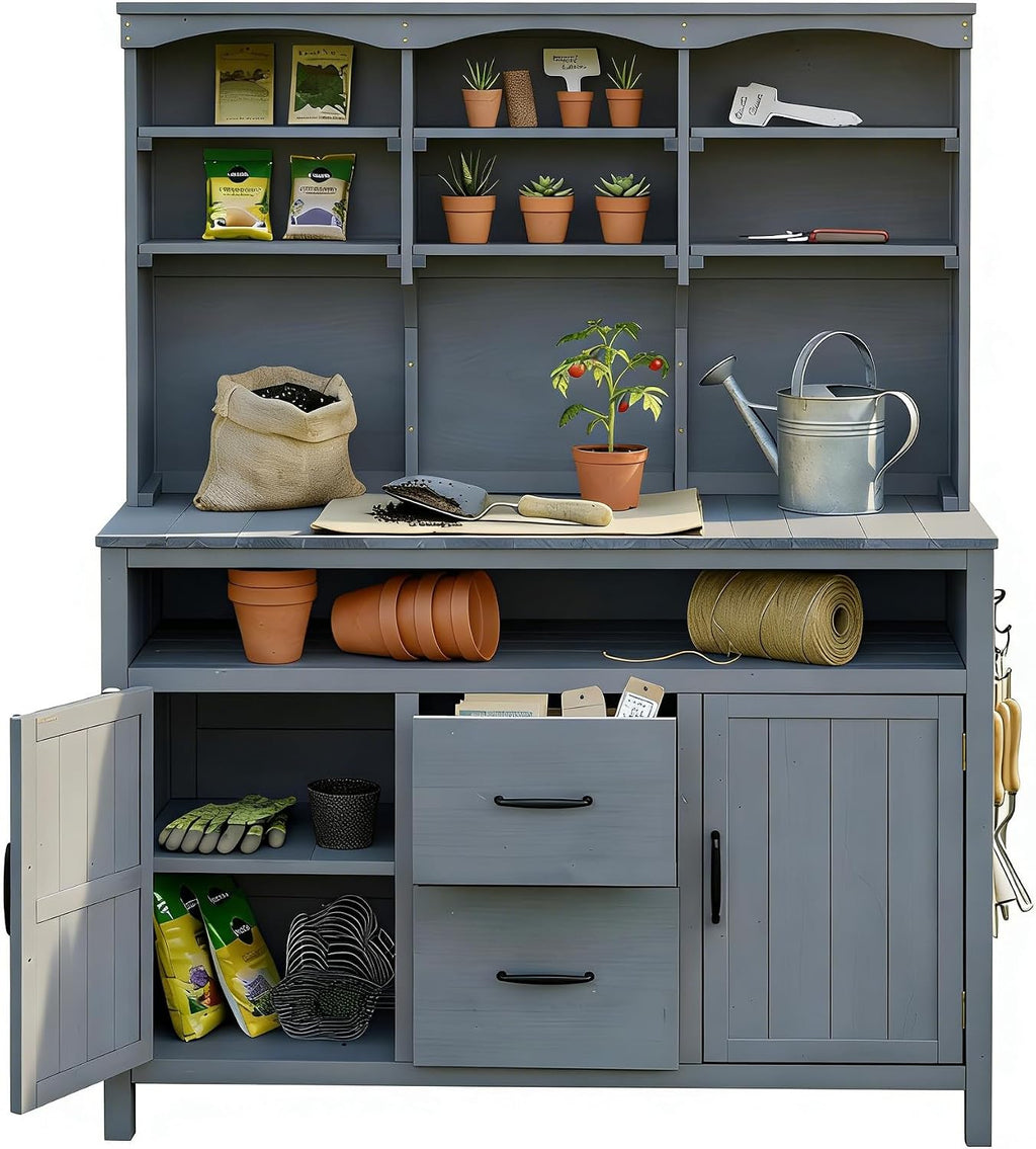 Roomfitters Outdoor Garden Potting Bench with Storage Hutch, Potting Table with Drawers and Cabinets, Shelves, Gray