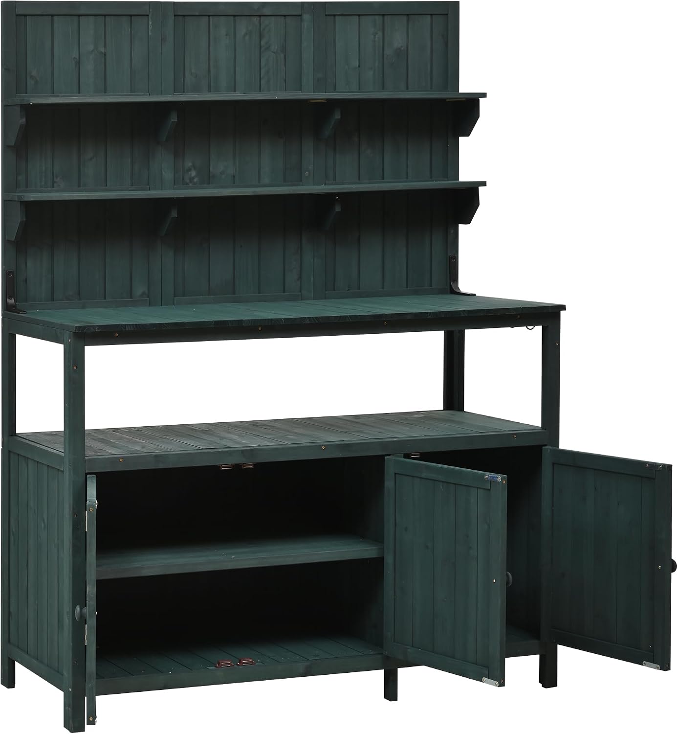 Rustic 50.2' Solid Fir Wood Patio Potting Bench with Hutch,Garden Workstation with Large Countertop,2 Shelves,2 Cabinets,3 Side Hooks,Planting Table for Backyard (Forest Green#H)