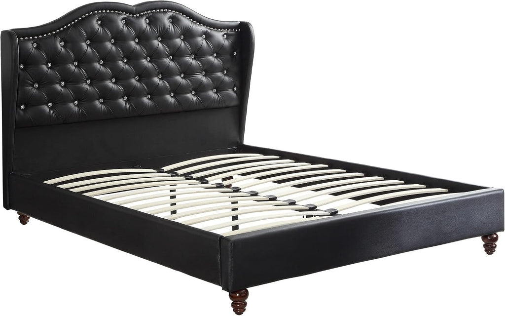 1pc King Size Bed Set Curved Headboard Button Tufted Upholstered Bedroom Furniture Black
