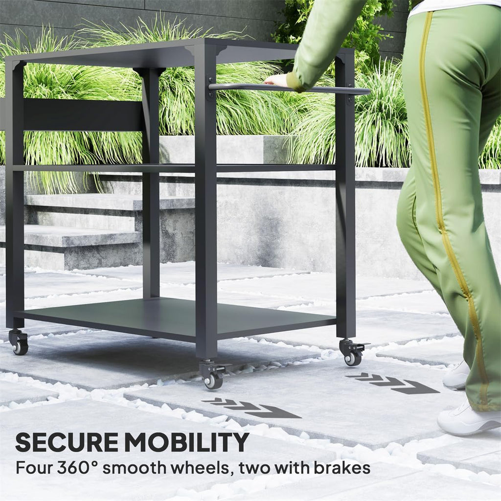 Heavy Duty Camping & Grill Cart with Wheels, 4-Tier Outdoor Serving Station, Stainless Steel Top Portable Kitchen Table for BBQ, Pizza Oven, or Potting Bench