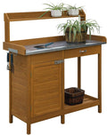 Outdoor Home Garden Potting Bench with Metal Table Top and Storage Cabinet