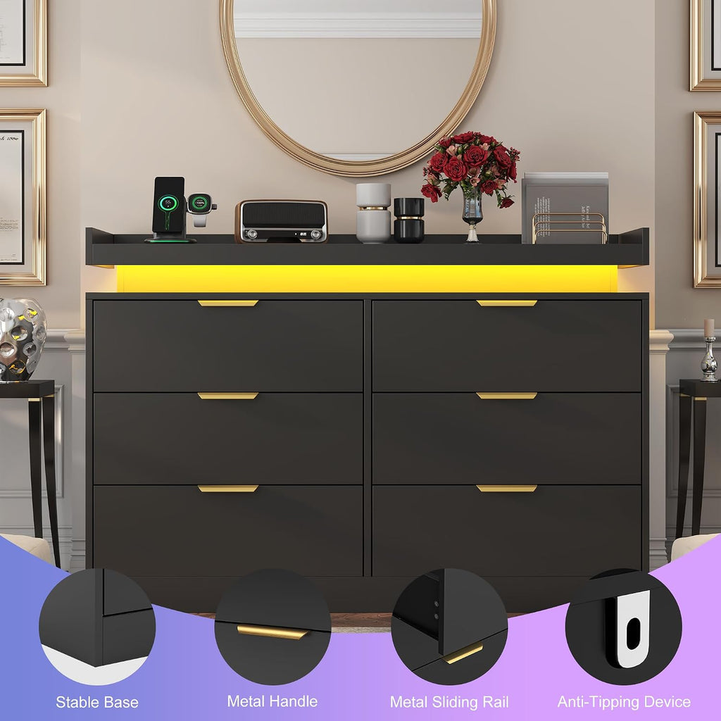 UNIQUITE 6 Drawer Dresser for Bedroom, Black Dresser with LED Lights and Power Outlet, Wooden Dressers Chests of Drawers, Double Wide Dressers for Bedroom, Entryway, Hallway