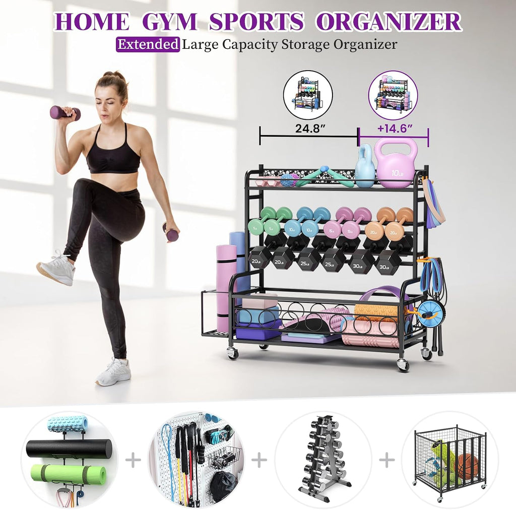Dumbbell Rack, VOPEAK Adjustable Weight Rack for Home Gym, Home Gym Storage Rack for Yoga Mat Kettlebells and Strength Training Equipment, Weight Storage Rack for Dumbbells with Wheels