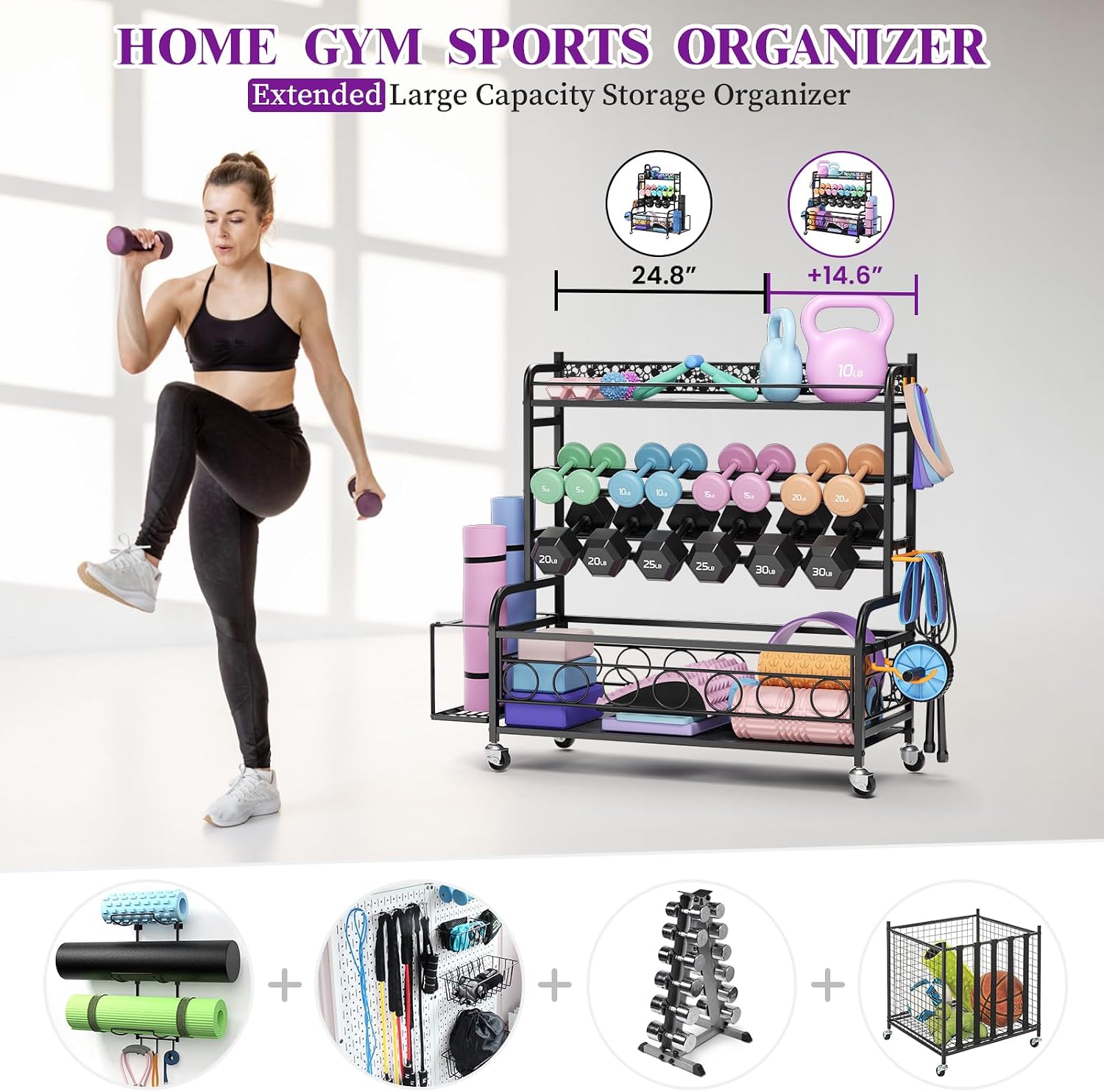 Dumbbell Rack, VOPEAK Adjustable Weight Rack for Home Gym, Home Gym Storage Rack for Yoga Mat Kettlebells and Strength Training Equipment, Weight Storage Rack for Dumbbells with Wheels