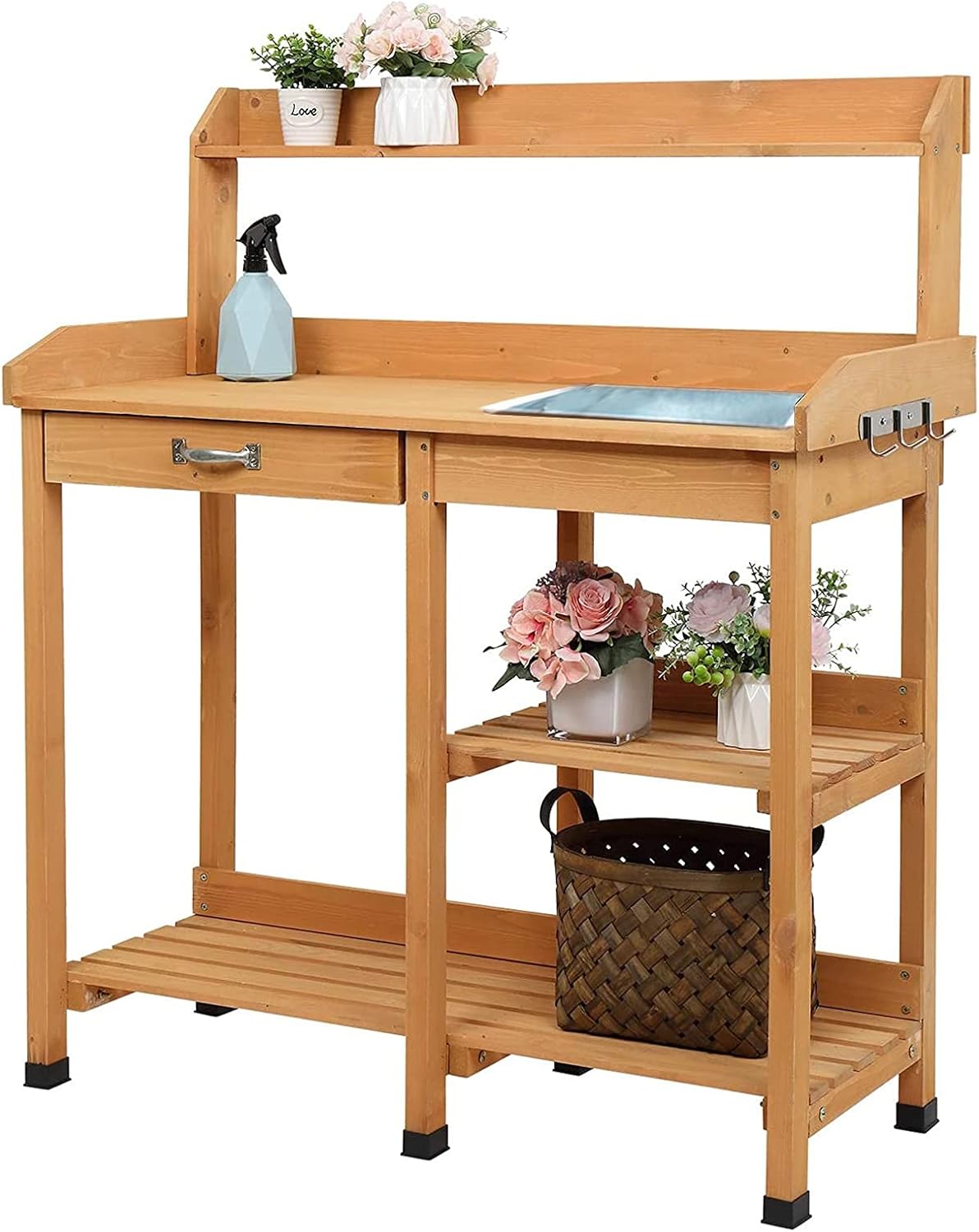 46 Inch Fir Wood Potting Bench Tables Wooden Outdoor Garden Workstation with Stainless Sink & Drawer Shelf Hook for Patio, Garden