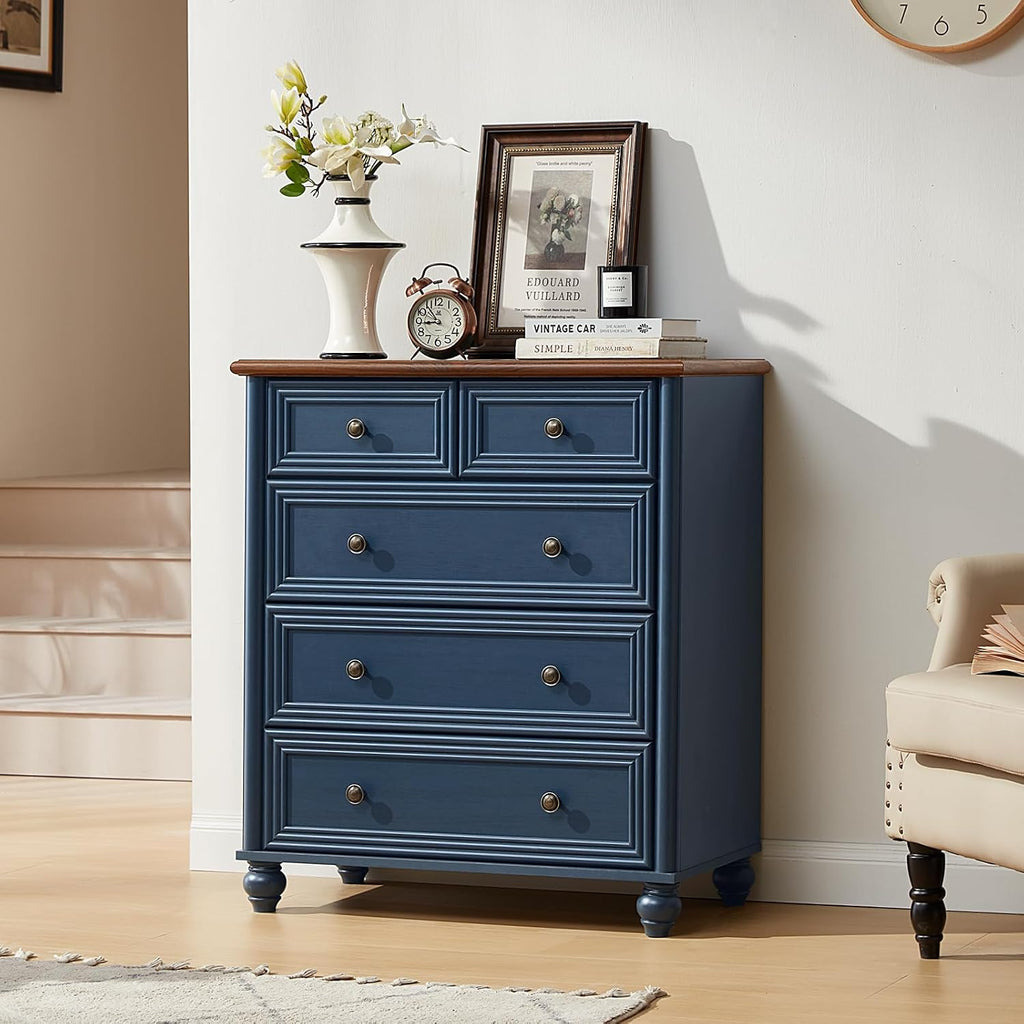 RWYHG Farmhouse 5 Drawer Dresser, Blue Rustic Chest of Drawers, 35.5' Tall Small Dressers for Bedroom with Roman Column and Metal Handles,Wood Storage Organizer for Living Room, Hallway, Closet